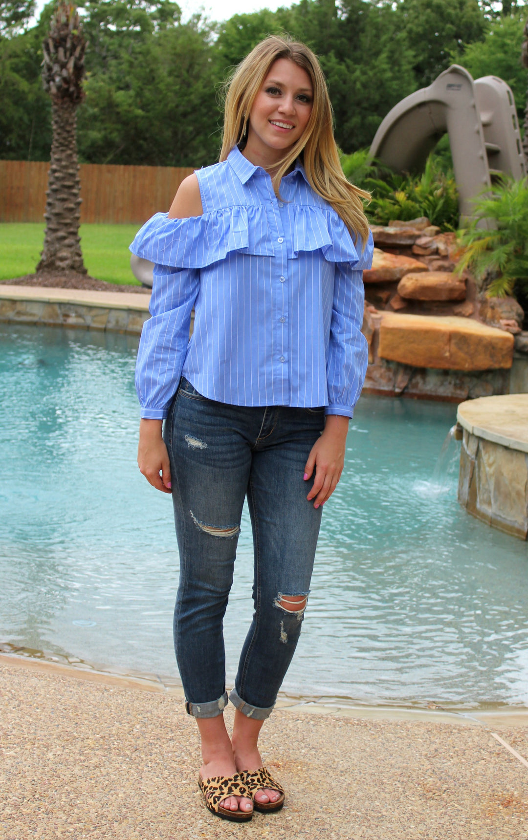 Chic Chick Stripe Open Shoulder Ruffle Top in Blue - Giddy Up Glamour Boutique