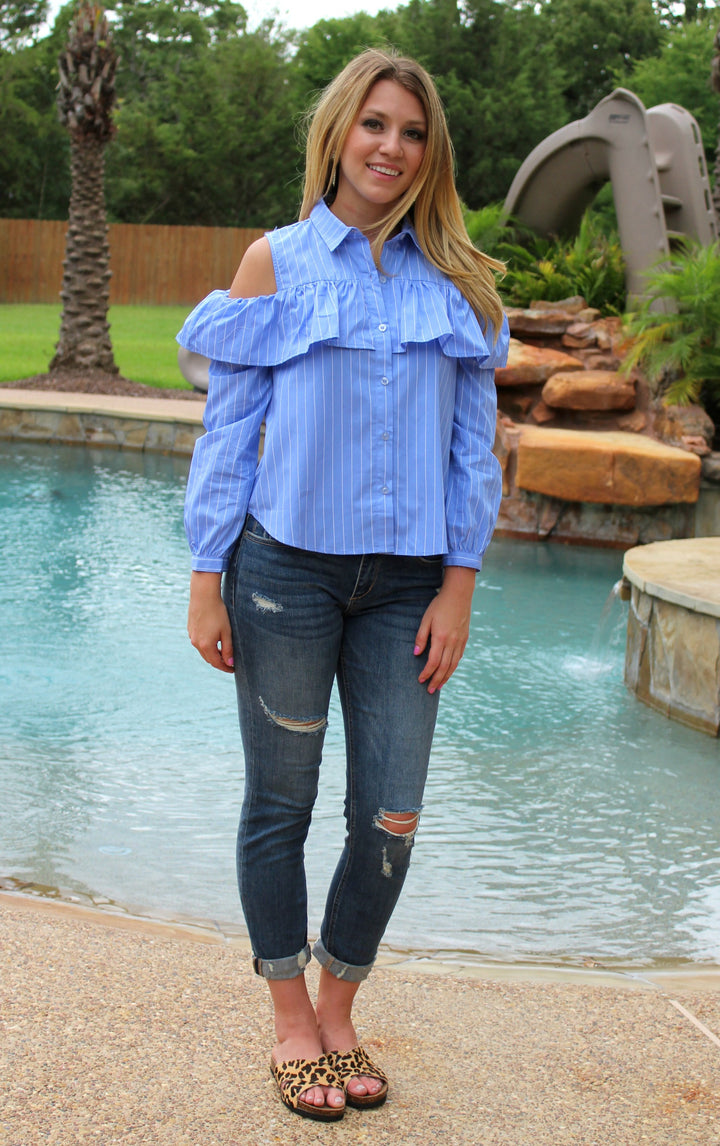 Chic Chick Stripe Open Shoulder Ruffle Top in Blue - Giddy Up Glamour Boutique