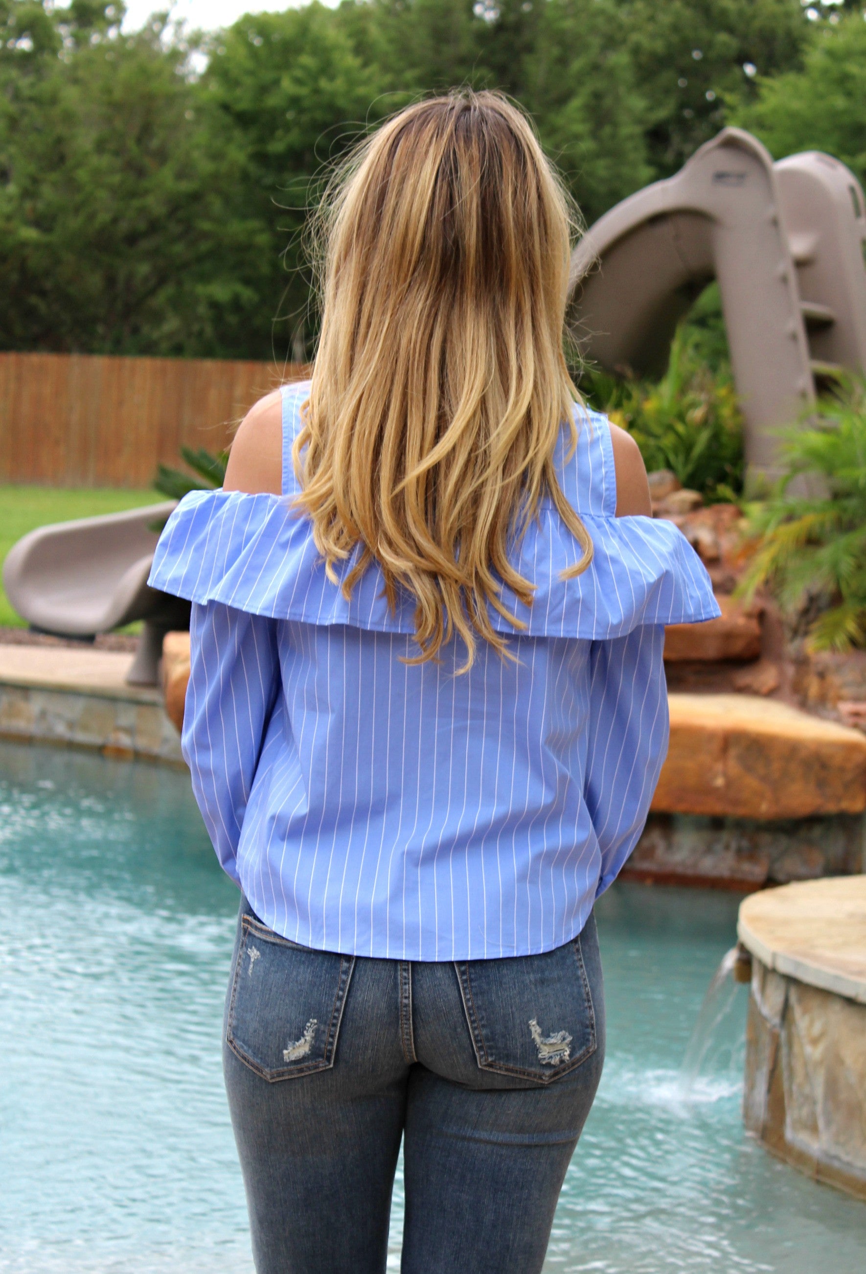 Chic Chick Stripe Open Shoulder Ruffle Top in Blue - Giddy Up Glamour Boutique
