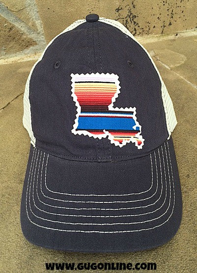 Navy Baseball Cap with Serape State Shape - Louisiana - Giddy Up Glamour Boutique