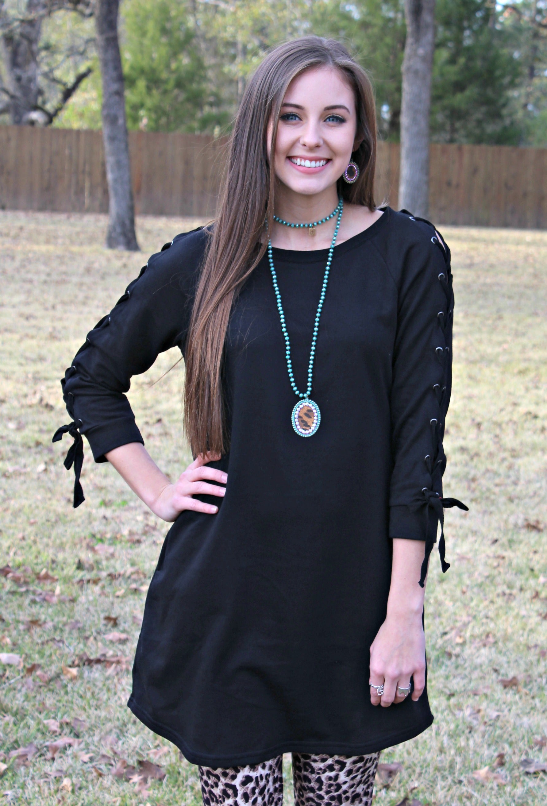 Last Chance Size Small | Request More Lace Up Sleeve Dress in Black - Giddy Up Glamour Boutique