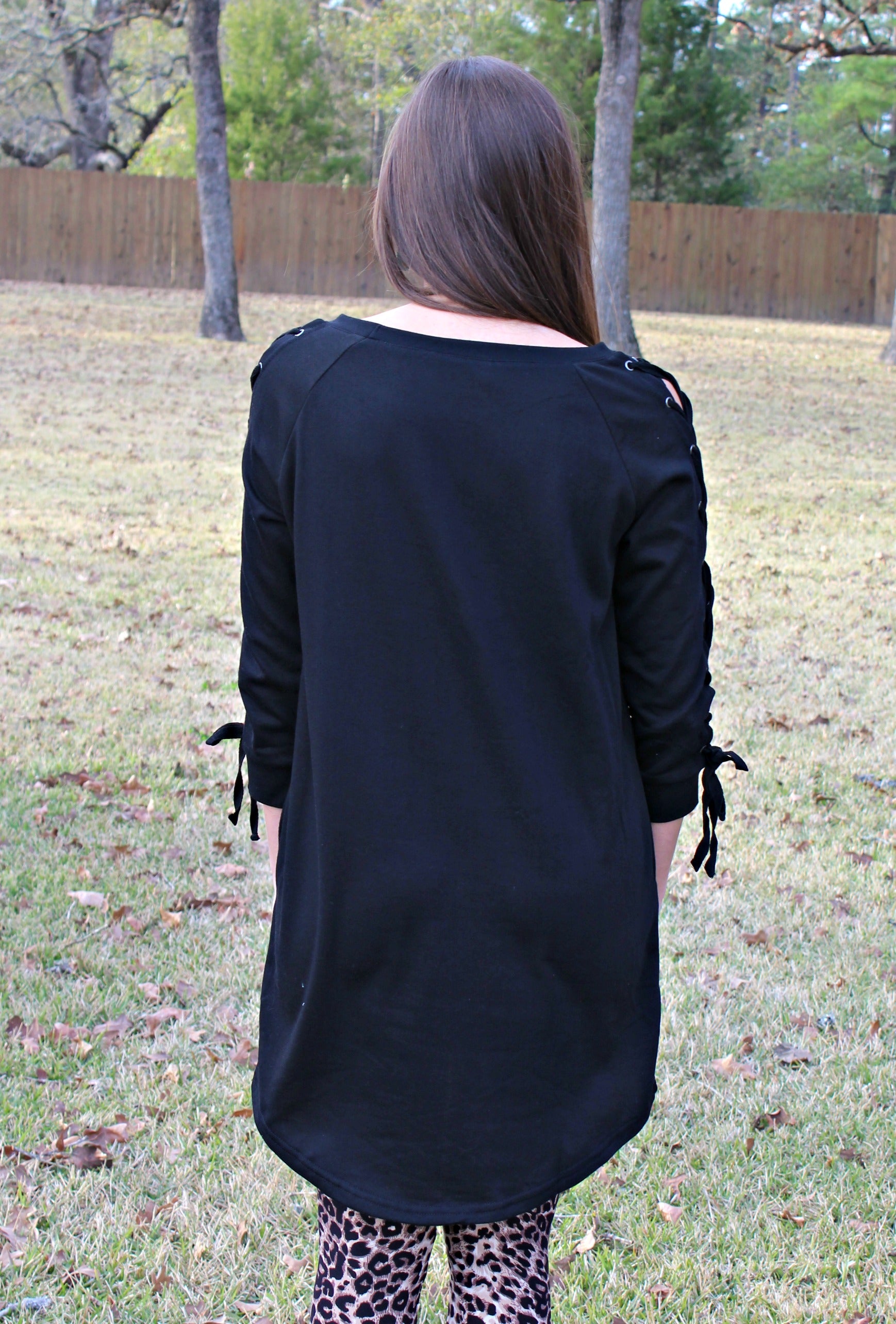 Last Chance Size Small | Request More Lace Up Sleeve Dress in Black - Giddy Up Glamour Boutique