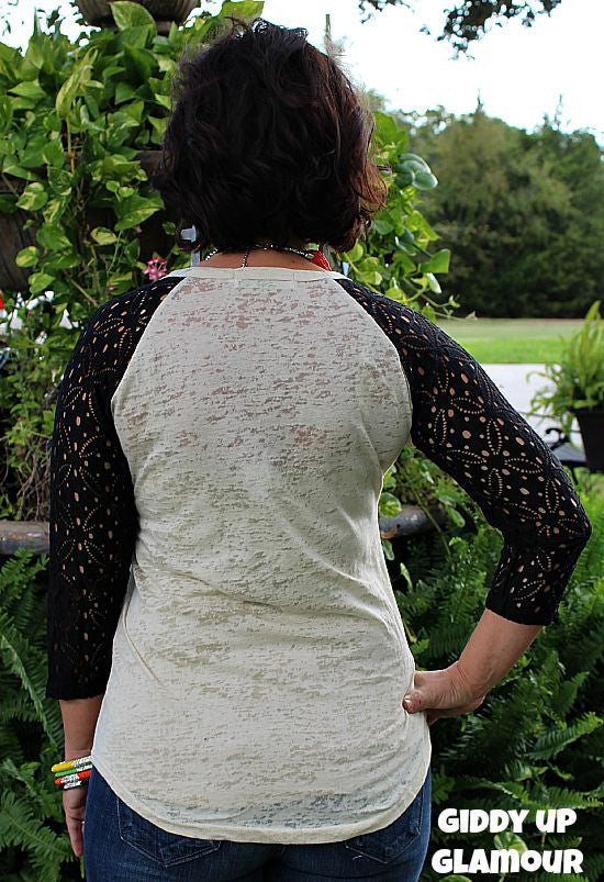 Ain't Nothing Sweeter Than Us Georgia Peaches Baseball Burnout Tee with Black Crochet Lace Sleeves - Giddy Up Glamour Boutique