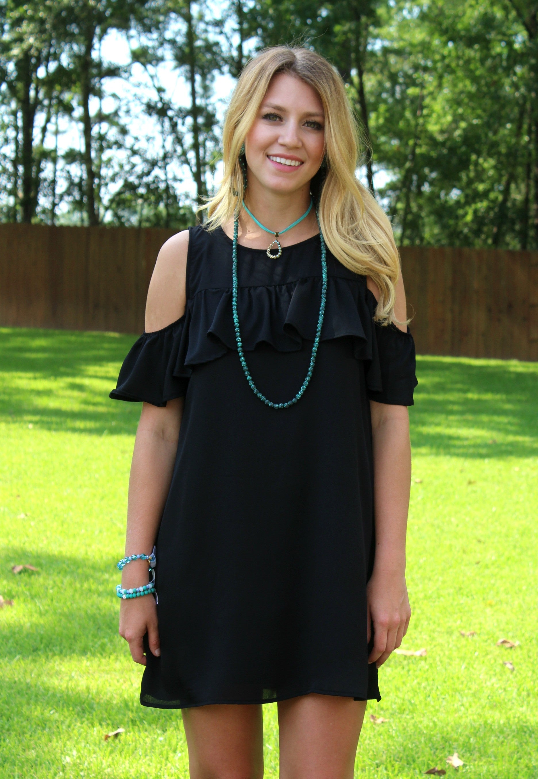 Last Chance Size Small | Chic Chick Open Shoulder Ruffle Dress in Black - Giddy Up Glamour Boutique