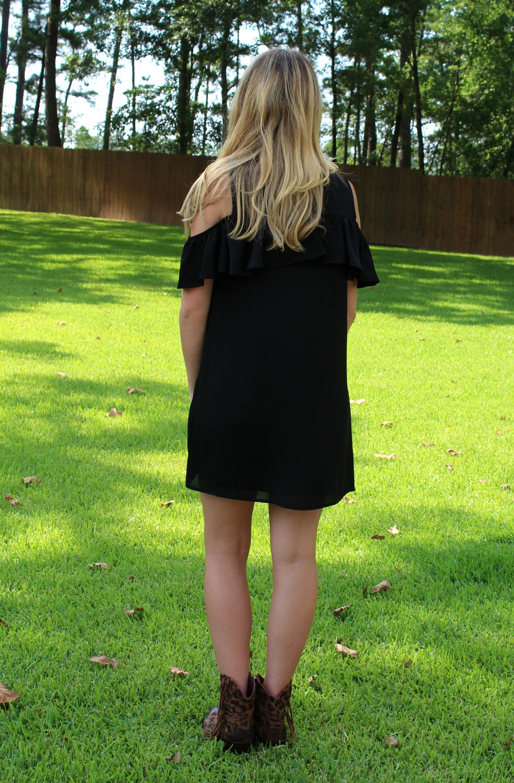 Last Chance Size Small | Chic Chick Open Shoulder Ruffle Dress in Black - Giddy Up Glamour Boutique
