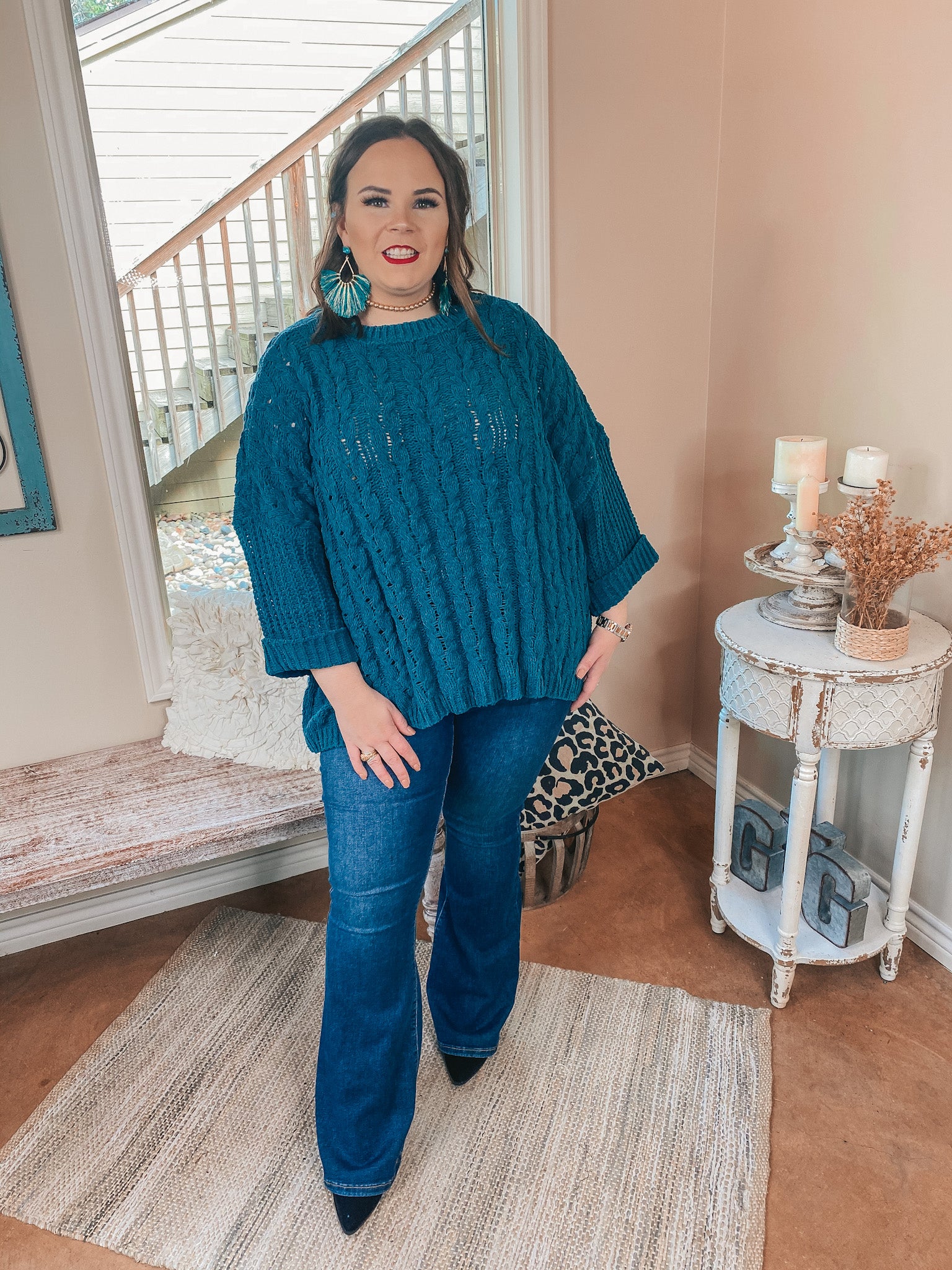 On My Level Chenille Cable Knit Pullover Sweater in Teal Green - Giddy Up Glamour Boutique