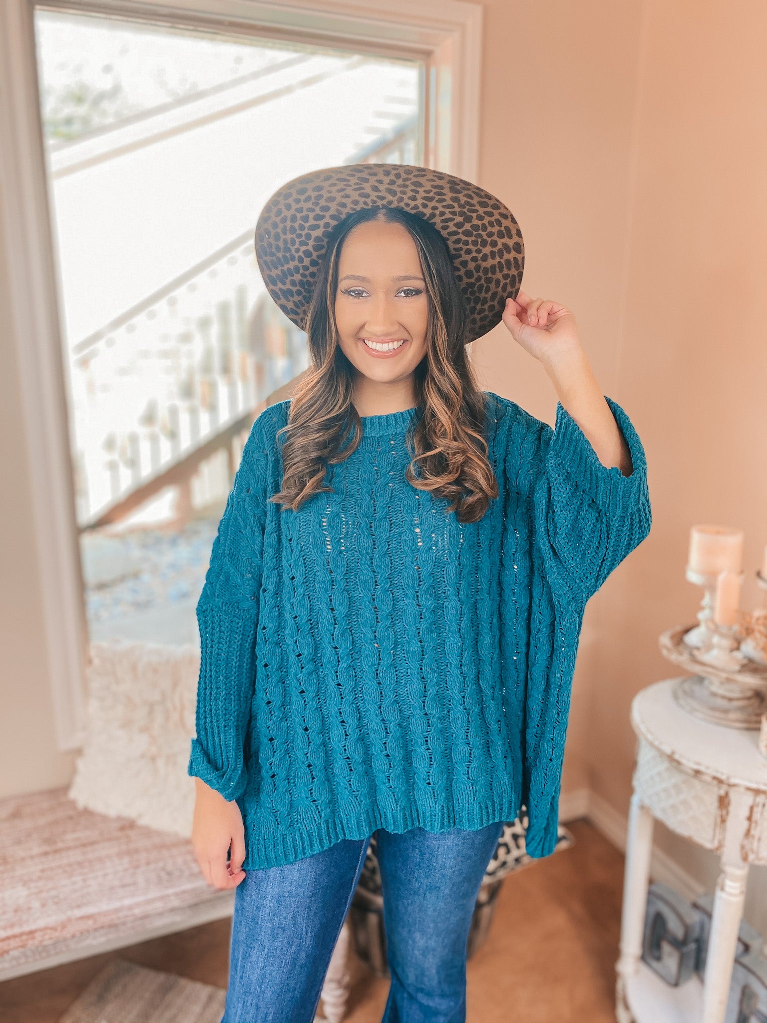 On My Level Chenille Cable Knit Pullover Sweater in Teal Green - Giddy Up Glamour Boutique