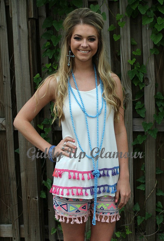 Last Chance Size Small | Over the Rainbow Tank with Colorful Tassel Trim in White - Giddy Up Glamour Boutique