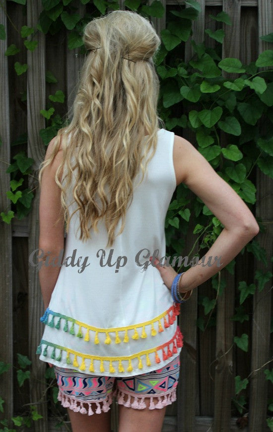 Last Chance Size Small | Over the Rainbow Tank with Colorful Tassel Trim in White - Giddy Up Glamour Boutique