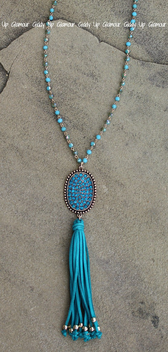 Long Bronze & Turquoise Crystal Necklace with Oval and Tassel - Giddy Up Glamour Boutique