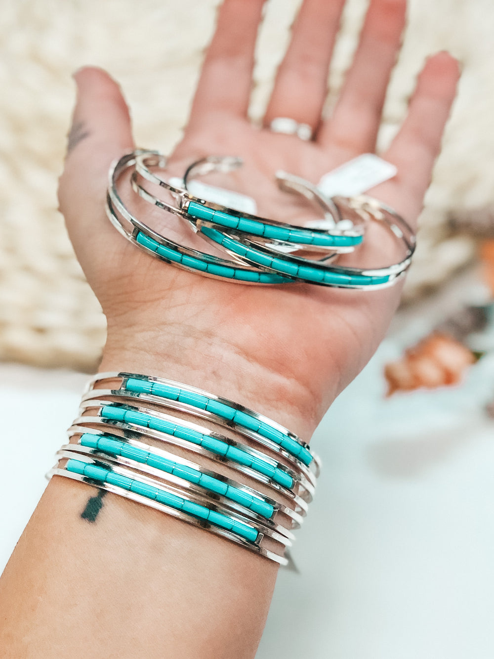 Anson Wallace | Zuni Handmade Sterling Silver Cuff with Single Row Turquoise Inlay - Giddy Up Glamour Boutique