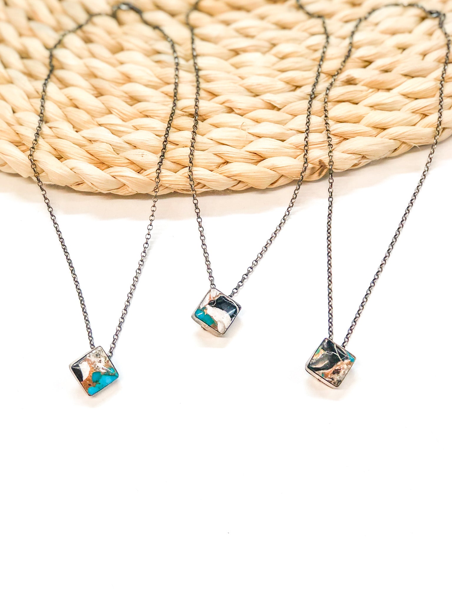 Vernon Kee | Navajo Handmade Sterling Silver Chain Necklace with White Buffalo, Turquoise, and Black Mix Square Pendant - Giddy Up Glamour Boutique