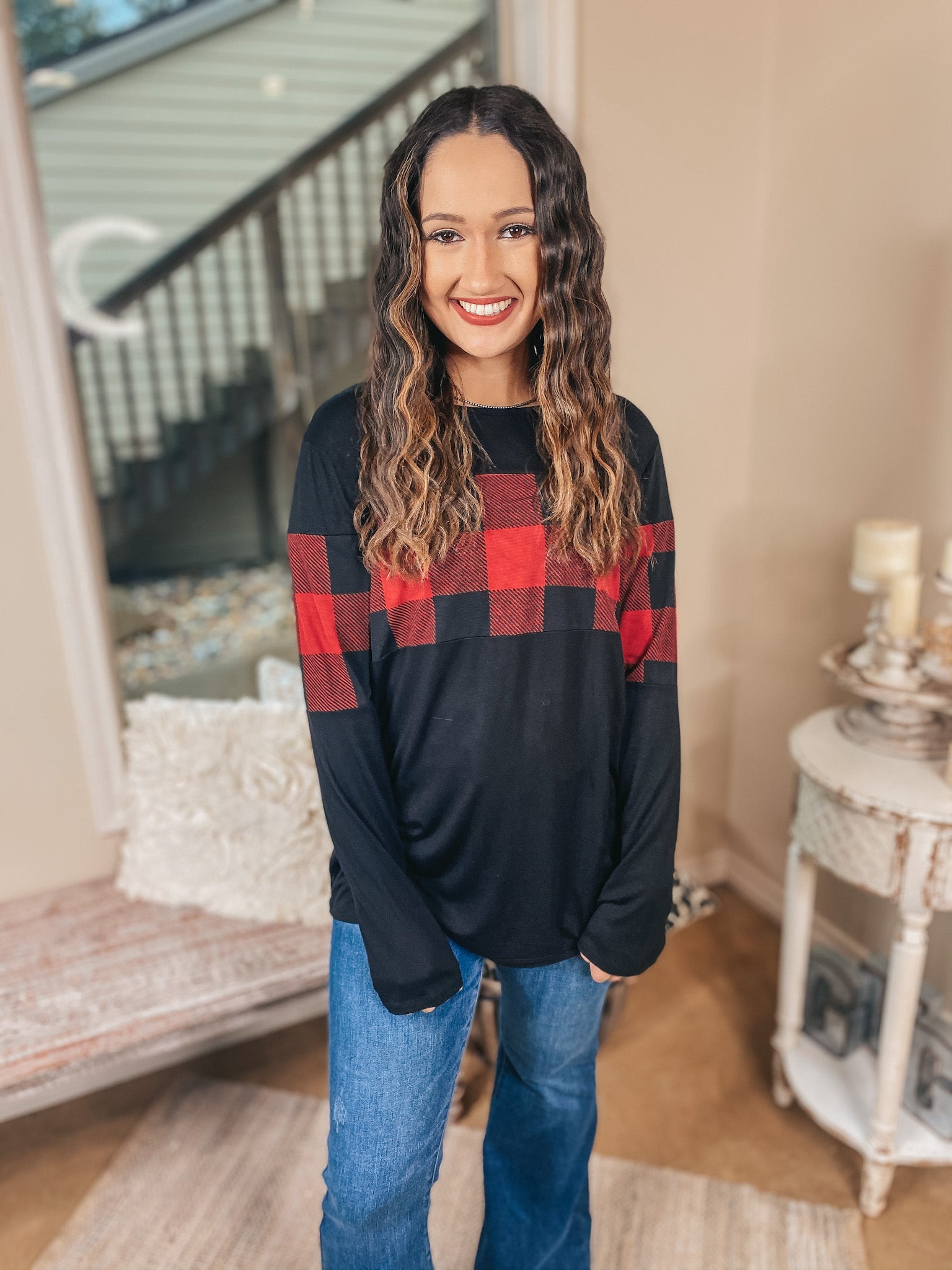 One Way Ticket North Buffalo Plaid Bust Long Sleeve Top in Red and Black - Giddy Up Glamour Boutique