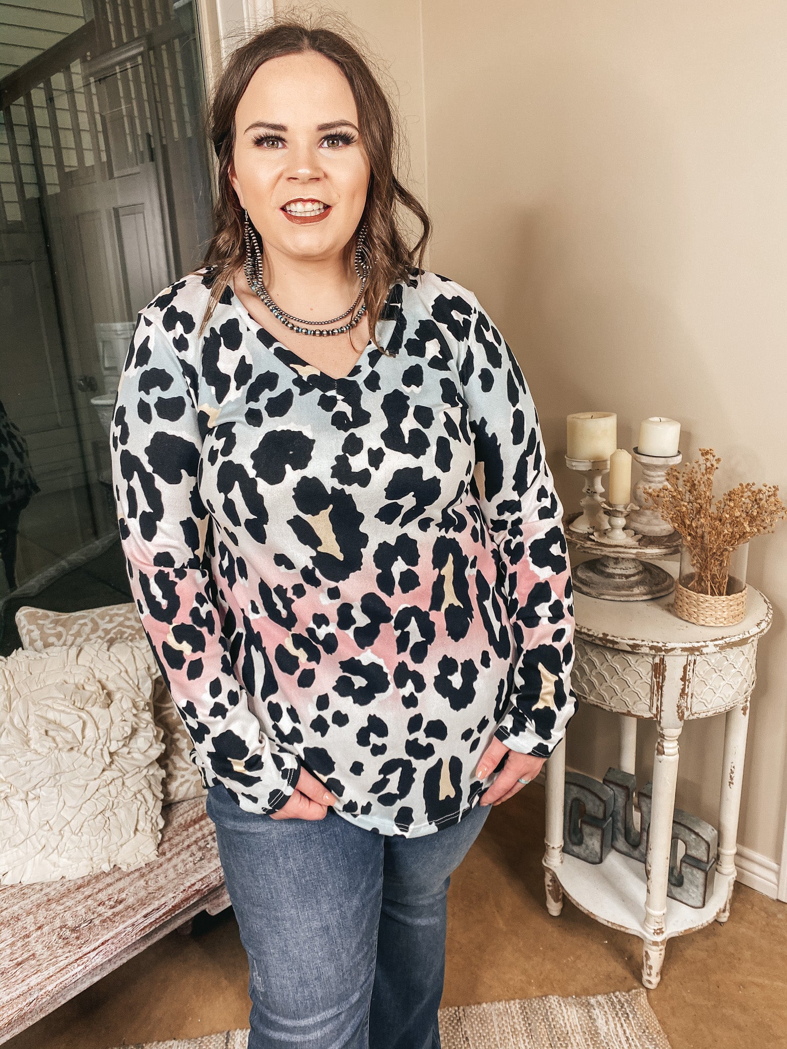Keep Things Simple Pastel Tie Dye Long Sleeve V Neck Top in Leopard - Giddy Up Glamour Boutique