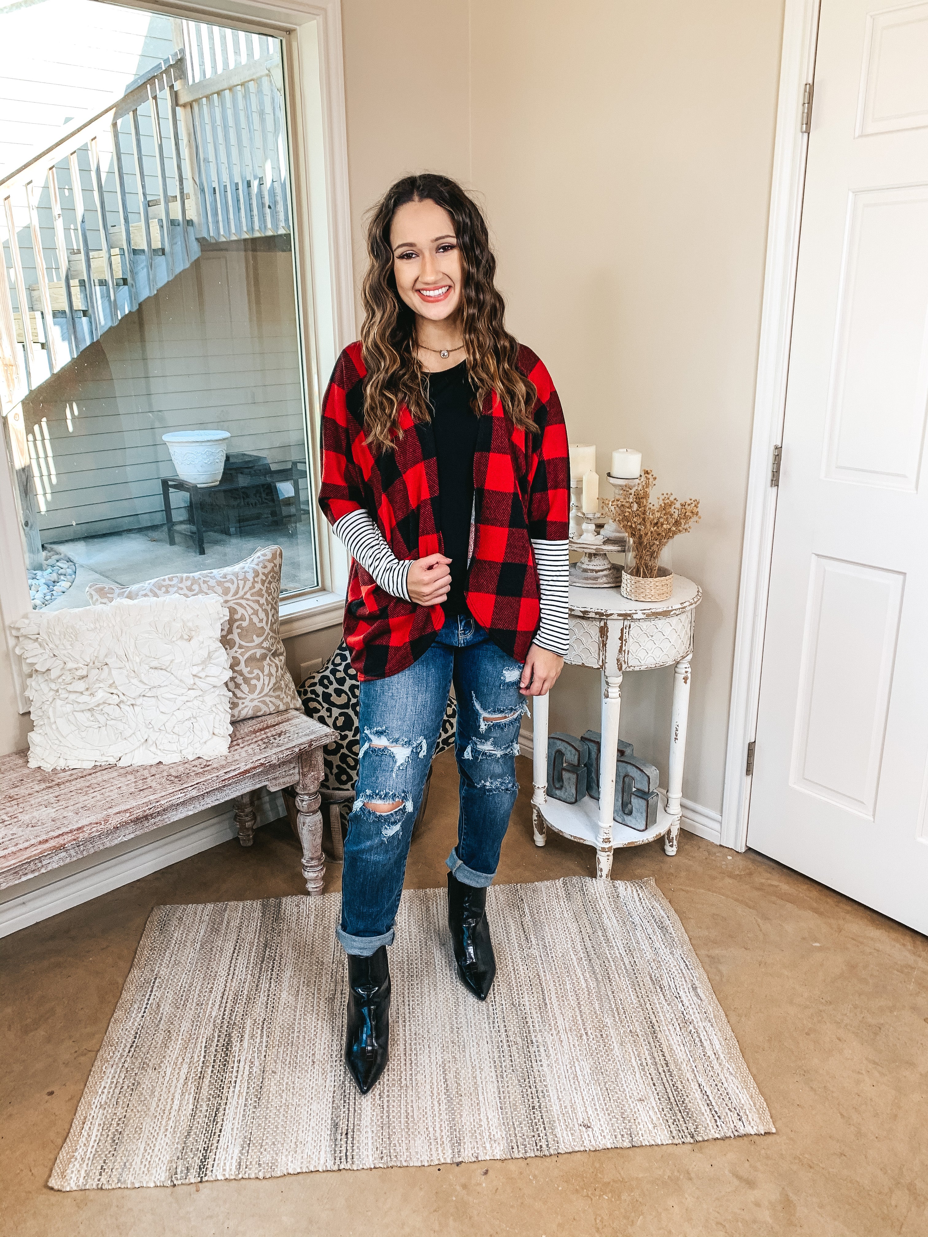 Lining Up Long Sleeve Dolman Cardigan with Striped Sleeves in Buffalo Plaid - Giddy Up Glamour Boutique