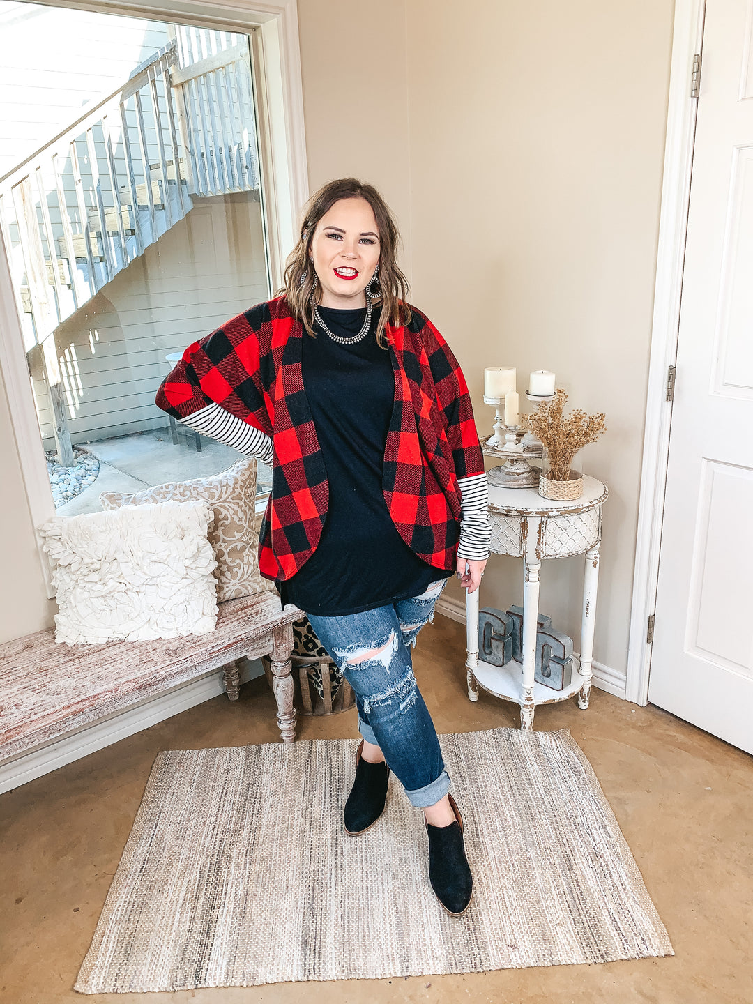 Lining Up Long Sleeve Dolman Cardigan with Striped Sleeves in Buffalo Plaid - Giddy Up Glamour Boutique