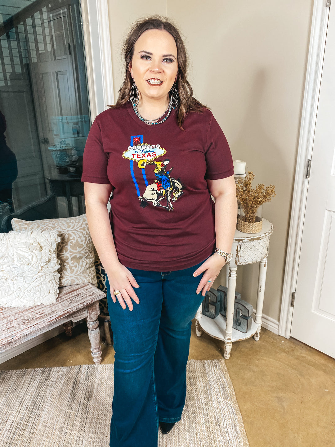 Welcome To Fabulous Texas Saddle Bronc Rodeo Graphic Tee in Maroon - Giddy Up Glamour Boutique