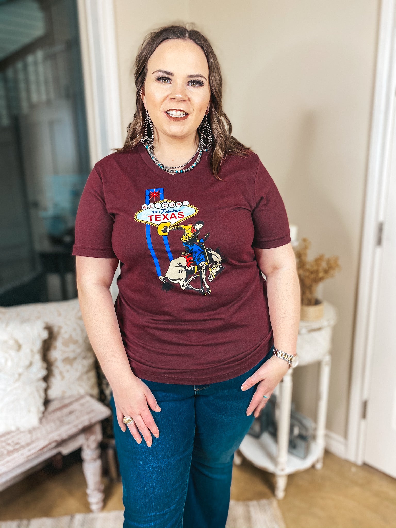 Welcome To Fabulous Texas Saddle Bronc Rodeo Graphic Tee in Maroon - Giddy Up Glamour Boutique
