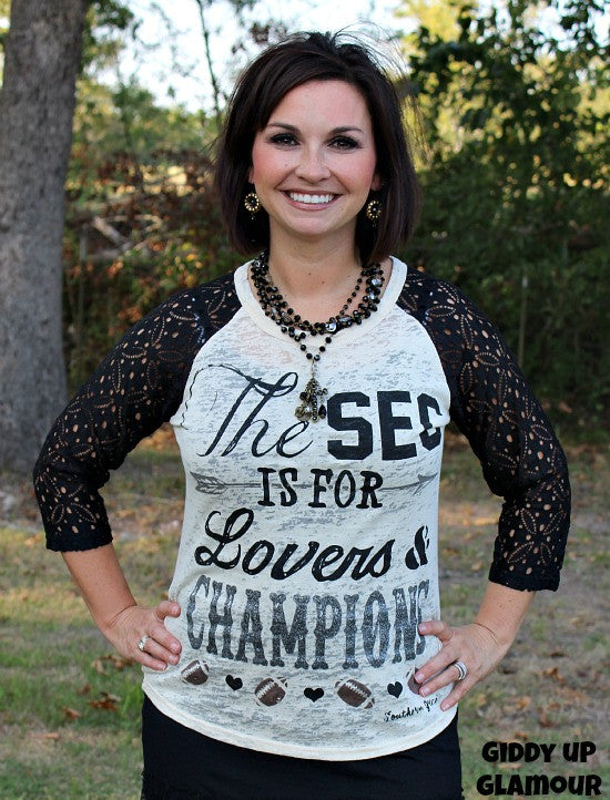 SEC is for Champions Burnout Baseball Tee with Crochet Sleeves - Giddy Up Glamour Boutique
