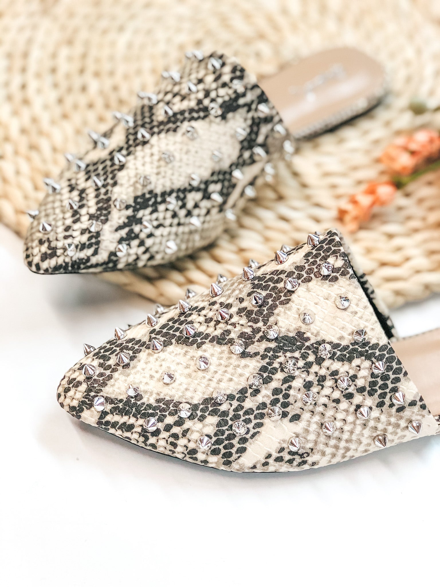 Last Chance Size 6 | Uptown Girl Silver Spiked Slide On Mules in Snakeskin