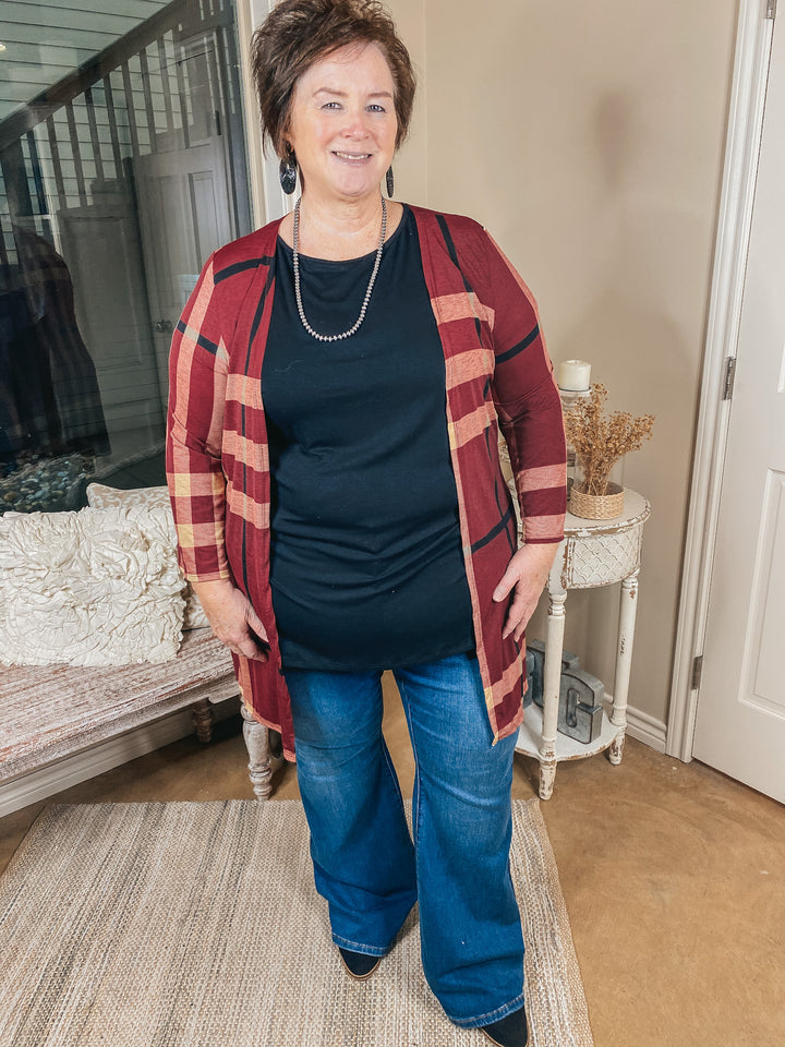 Online Exclusive | All Eyes On You Plaid Cardigan in Maroon - Giddy Up Glamour Boutique