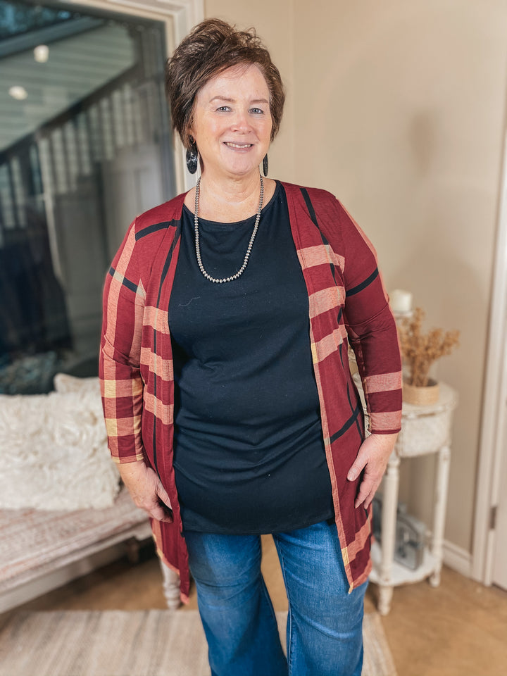 Online Exclusive | All Eyes On You Plaid Cardigan in Maroon - Giddy Up Glamour Boutique