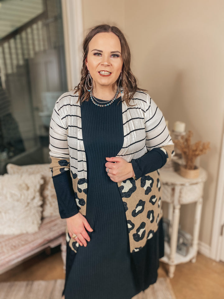 Dewy Morning Striped and Leopard Print Block Cardigan in Black, Ivory, and Taupe - Giddy Up Glamour Boutique