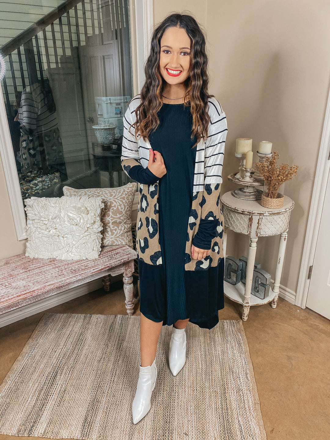 Dewy Morning Striped and Leopard Print Block Cardigan in Black, Ivory, and Taupe - Giddy Up Glamour Boutique