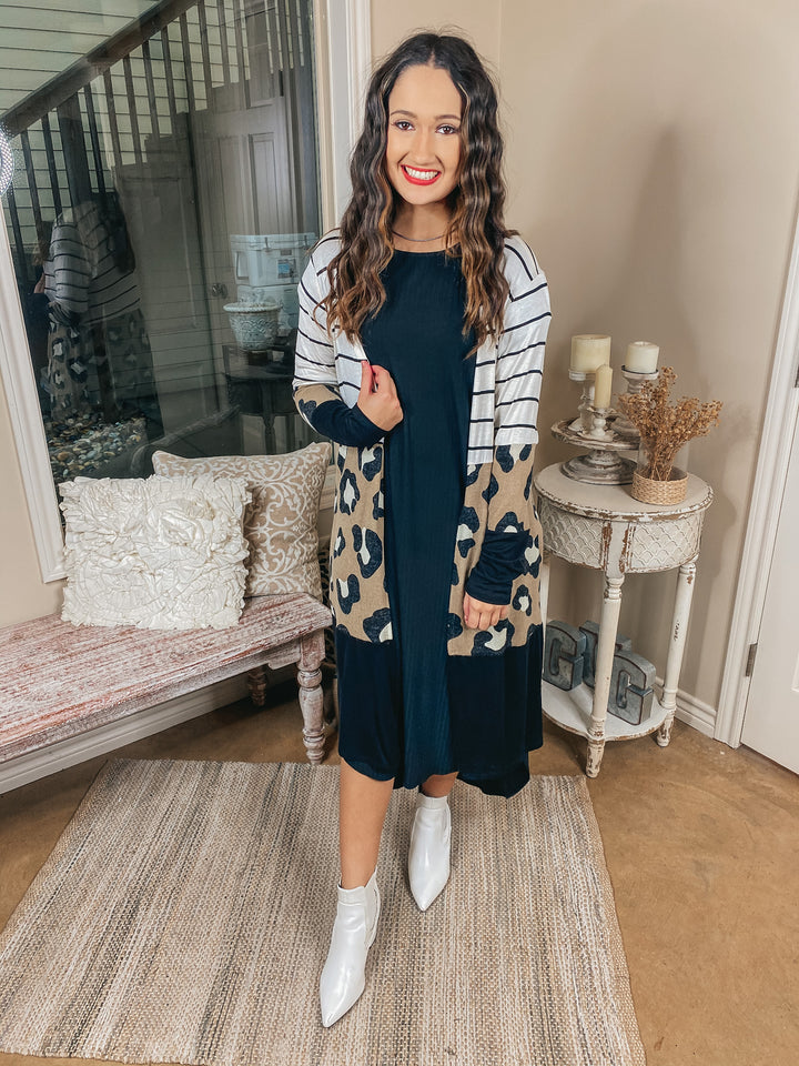Dewy Morning Striped and Leopard Print Block Cardigan in Black, Ivory, and Taupe - Giddy Up Glamour Boutique