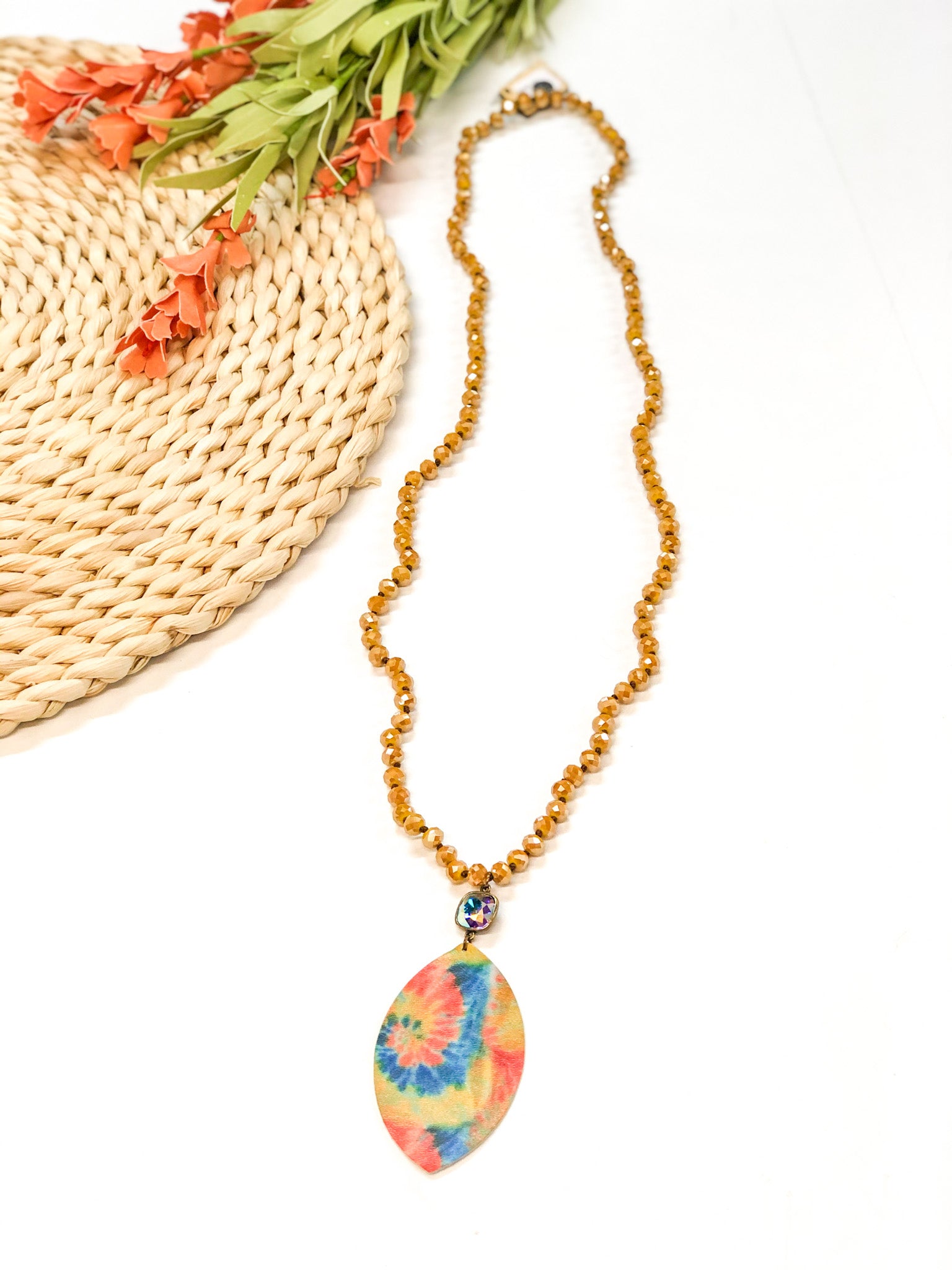 Pink Panache | Mustard Beaded Tie Dye Necklace with AB Cushion Cut Crystal