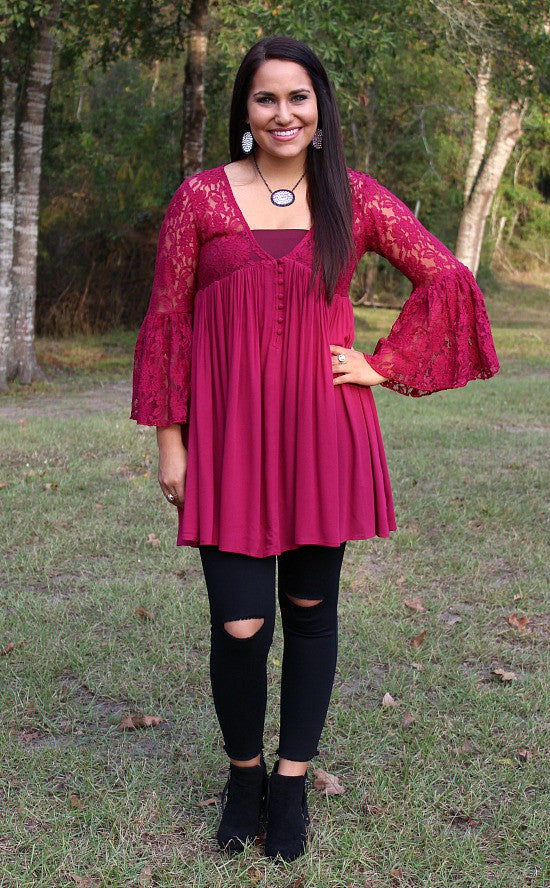 Last Chance Size S & M | Only One Love Peasant Tunic with Lace Sleeves in Maroon - Giddy Up Glamour Boutique