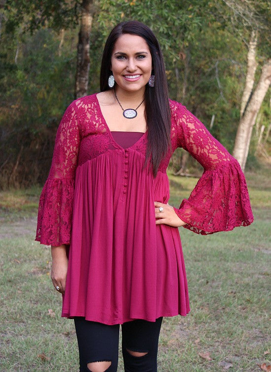 Last Chance Size S & M | Only One Love Peasant Tunic with Lace Sleeves in Maroon - Giddy Up Glamour Boutique
