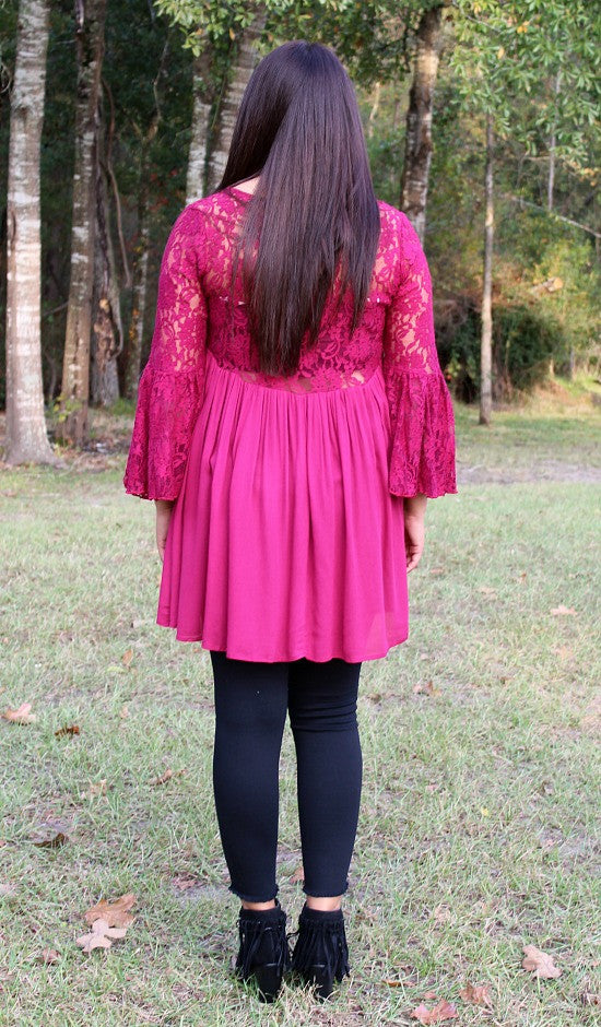Last Chance Size S & M | Only One Love Peasant Tunic with Lace Sleeves in Maroon - Giddy Up Glamour Boutique