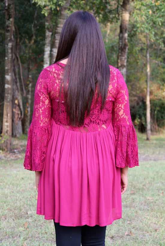 Last Chance Size S & M | Only One Love Peasant Tunic with Lace Sleeves in Maroon - Giddy Up Glamour Boutique