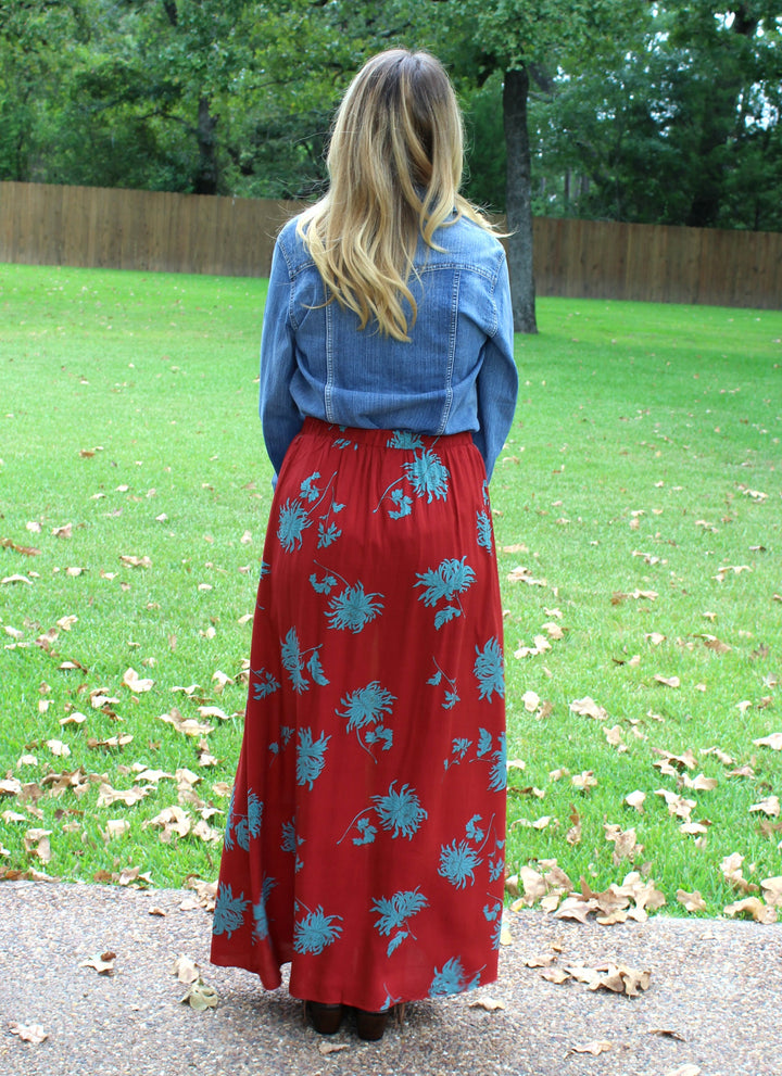 Perfect Compliment Red and Turquoise Floral Maxi Skirt - Giddy Up Glamour Boutique