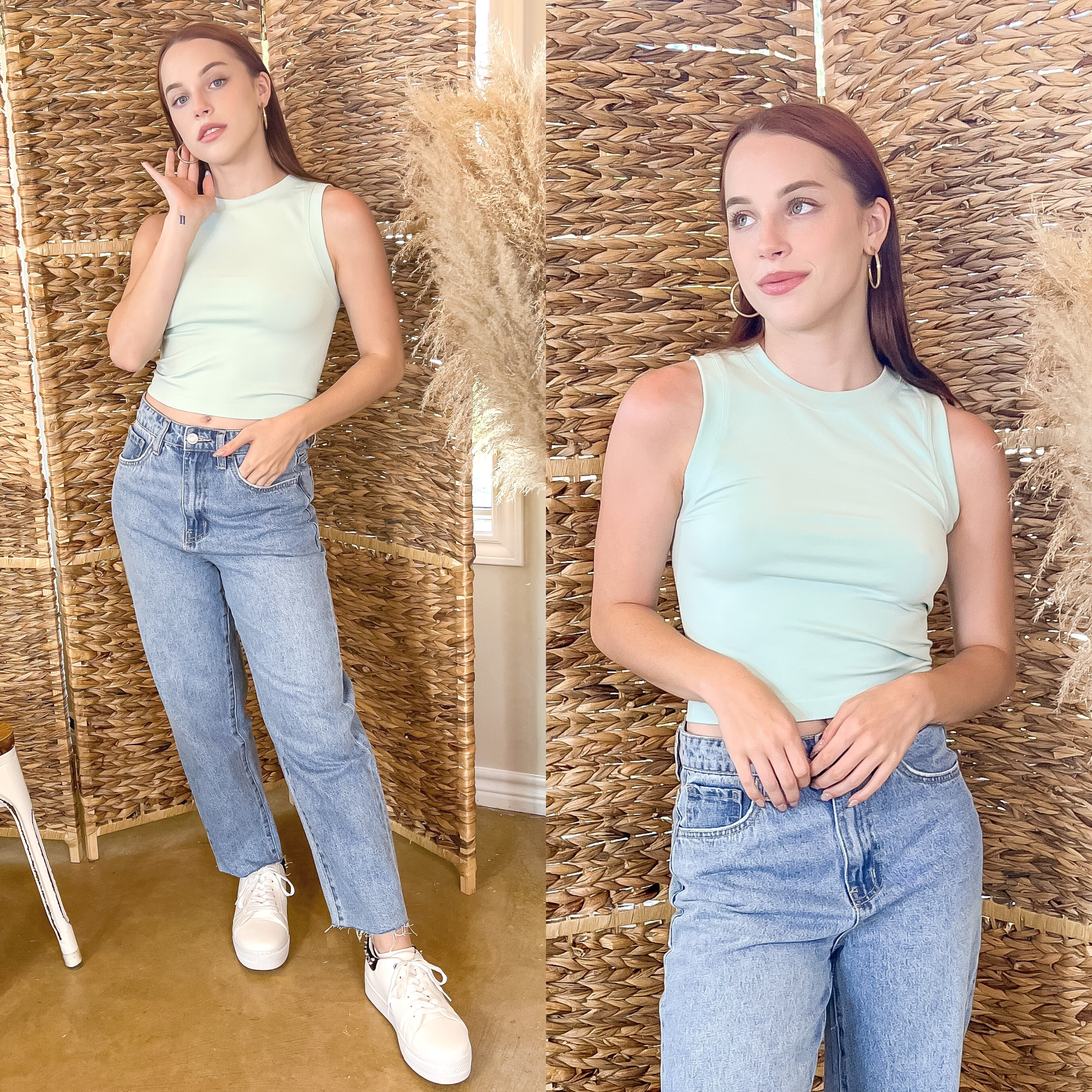 Model is wearing a mint, cropped muscle tank. The model is wearing this top with light colored boyfriend jeans, gold hoops, and white tennis shoes. 