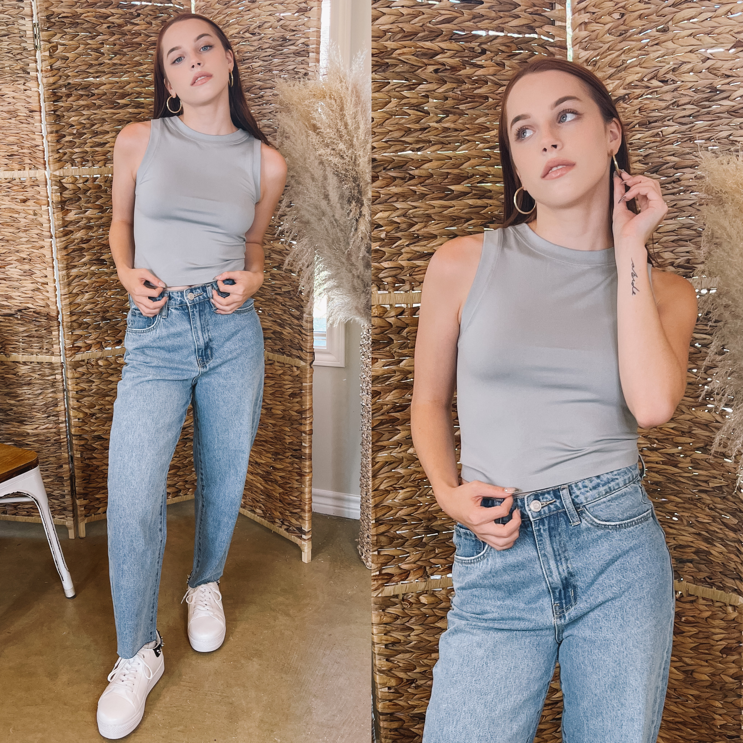 Model is wearing a grey, cropped muscle tank. The model is wearing this top with light colored boyfriend jeans, gold hoops, and white tennis shoes. 