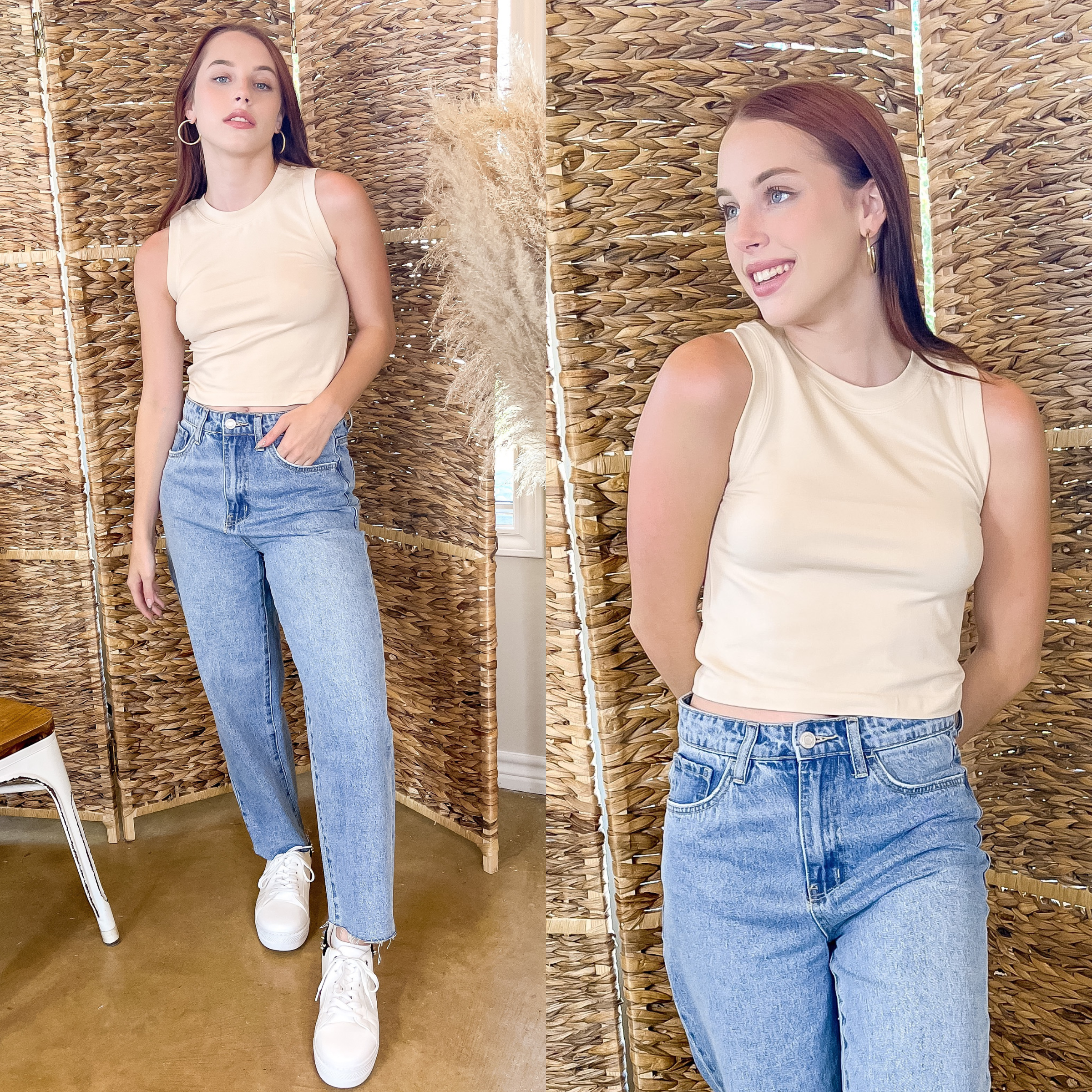 Model is wearing a nude, cropped muscle tank. The model is wearing this top with light colored boyfriend jeans, gold hoops, and white tennis shoes. 