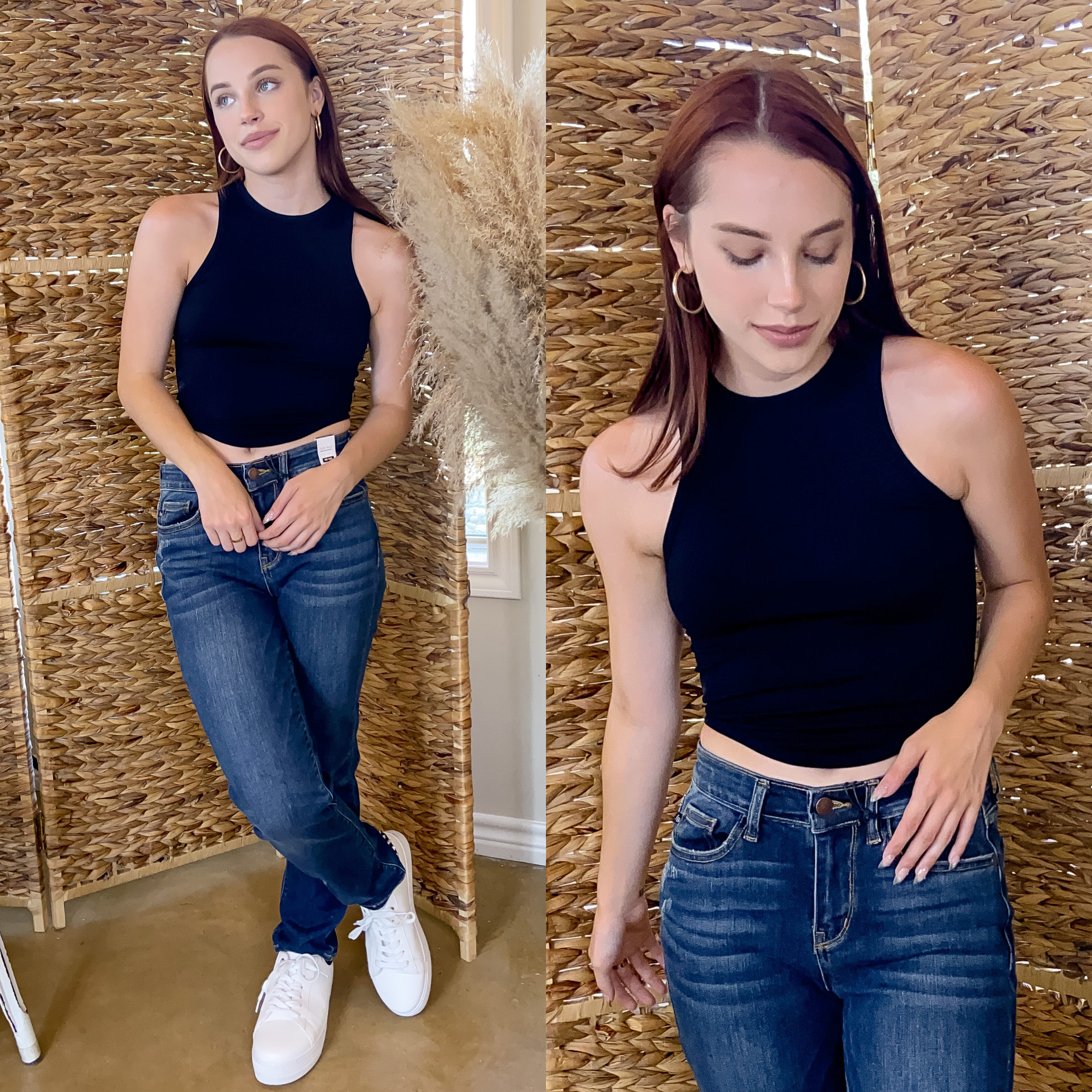 Model is wearings a black, scoop neck cropped tank top with dark blue jeans. She is also wearing gold hoops and white tennis shoes.