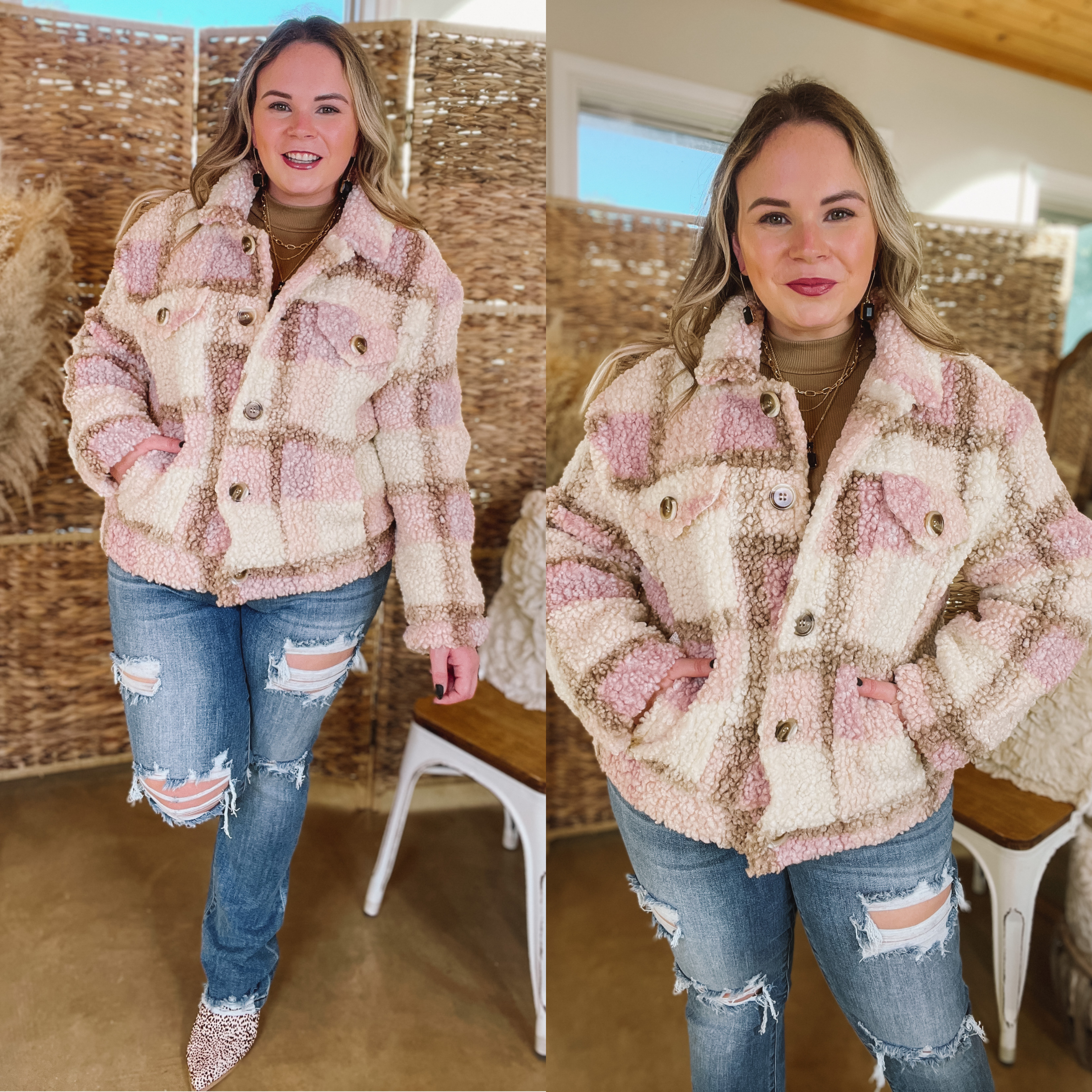 Better in Brooklyn Plaid Button Up Sherpa Jacket in Pink and Ivory - Giddy Up Glamour Boutique