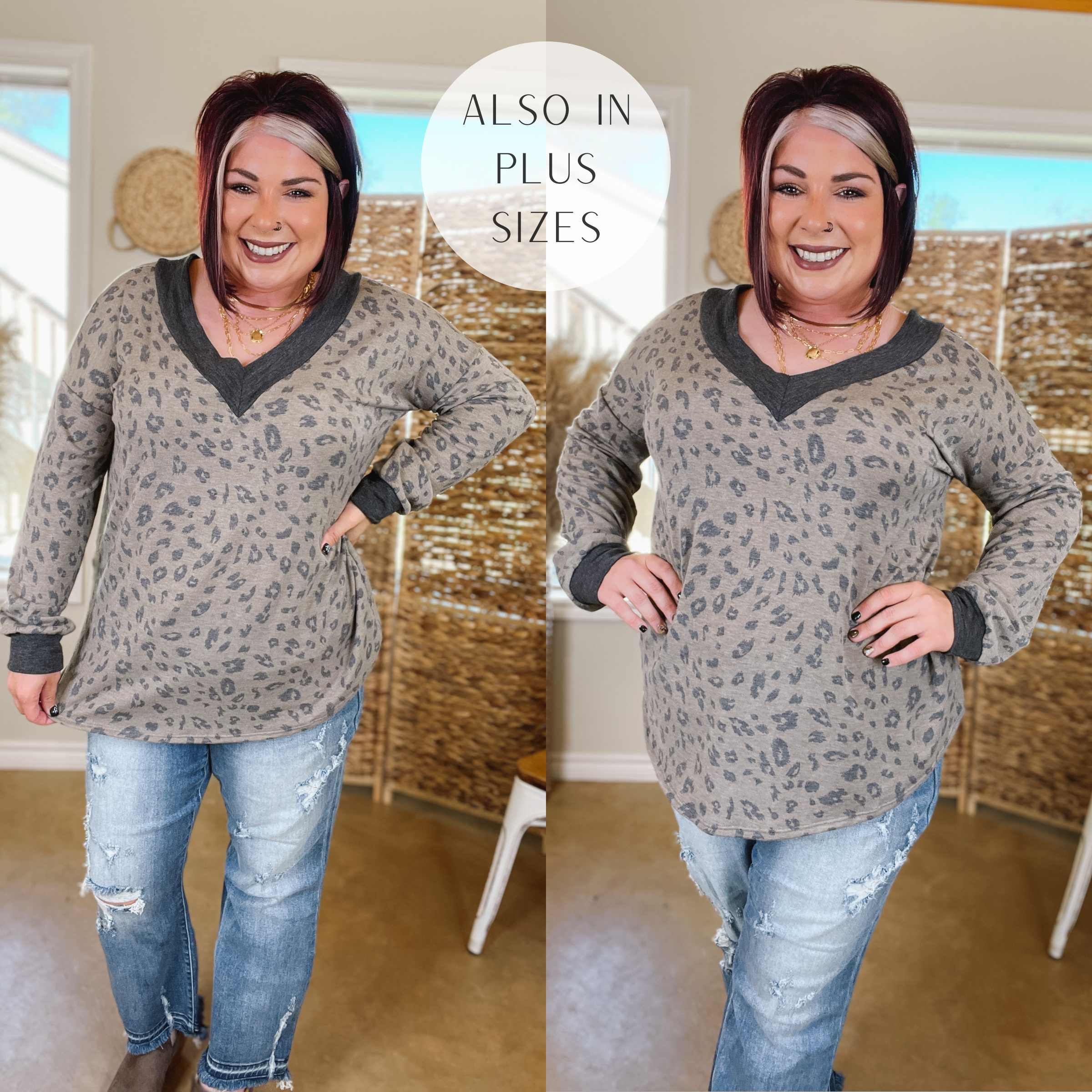 Last Chance Size Small & Medium | Modern Twist Leopard Long Sleeve Top with V Neckline in Mocha Grey - Giddy Up Glamour Boutique