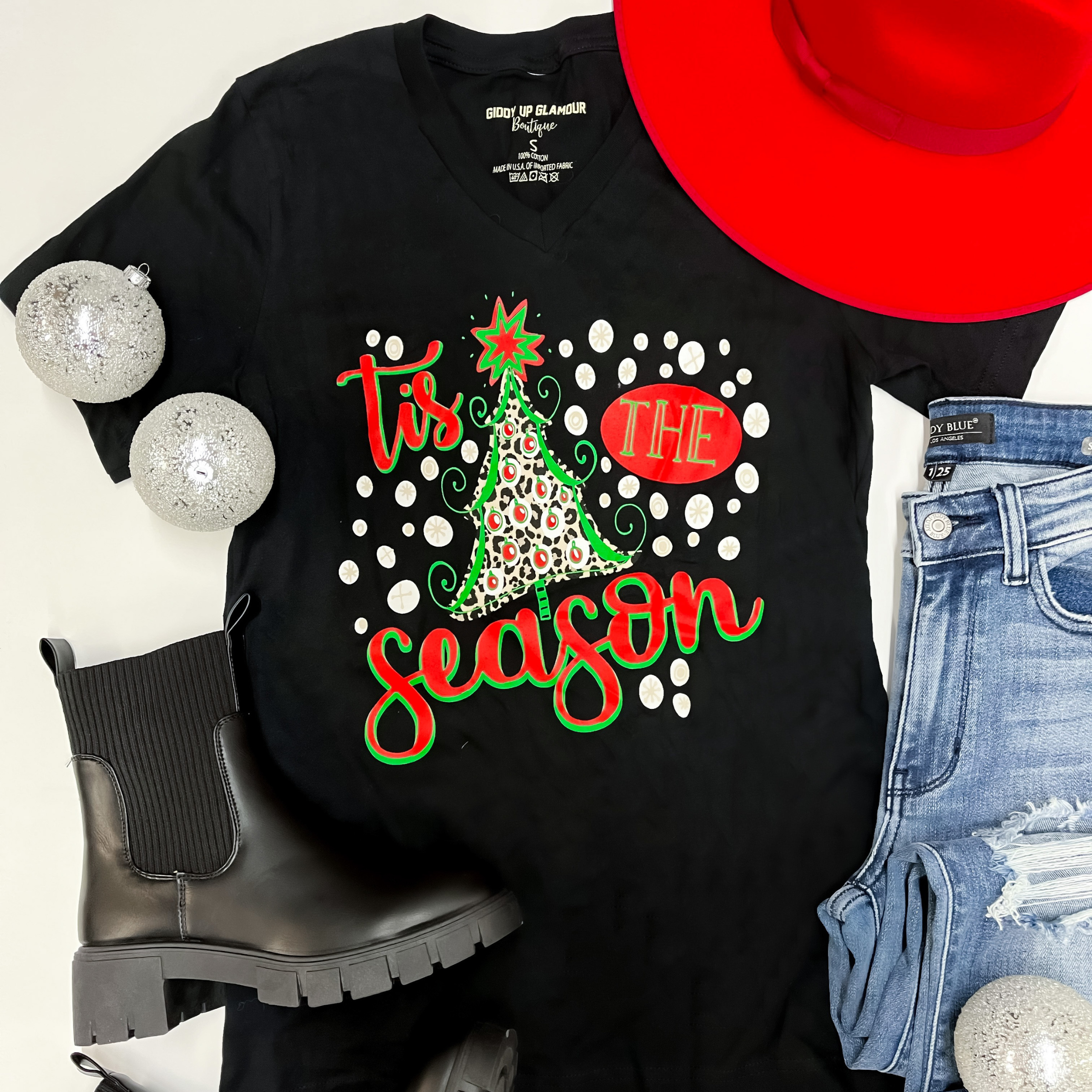 'tis The Season Leopard Christmas Tree Graphic Tee in Black - Giddy Up Glamour Boutique