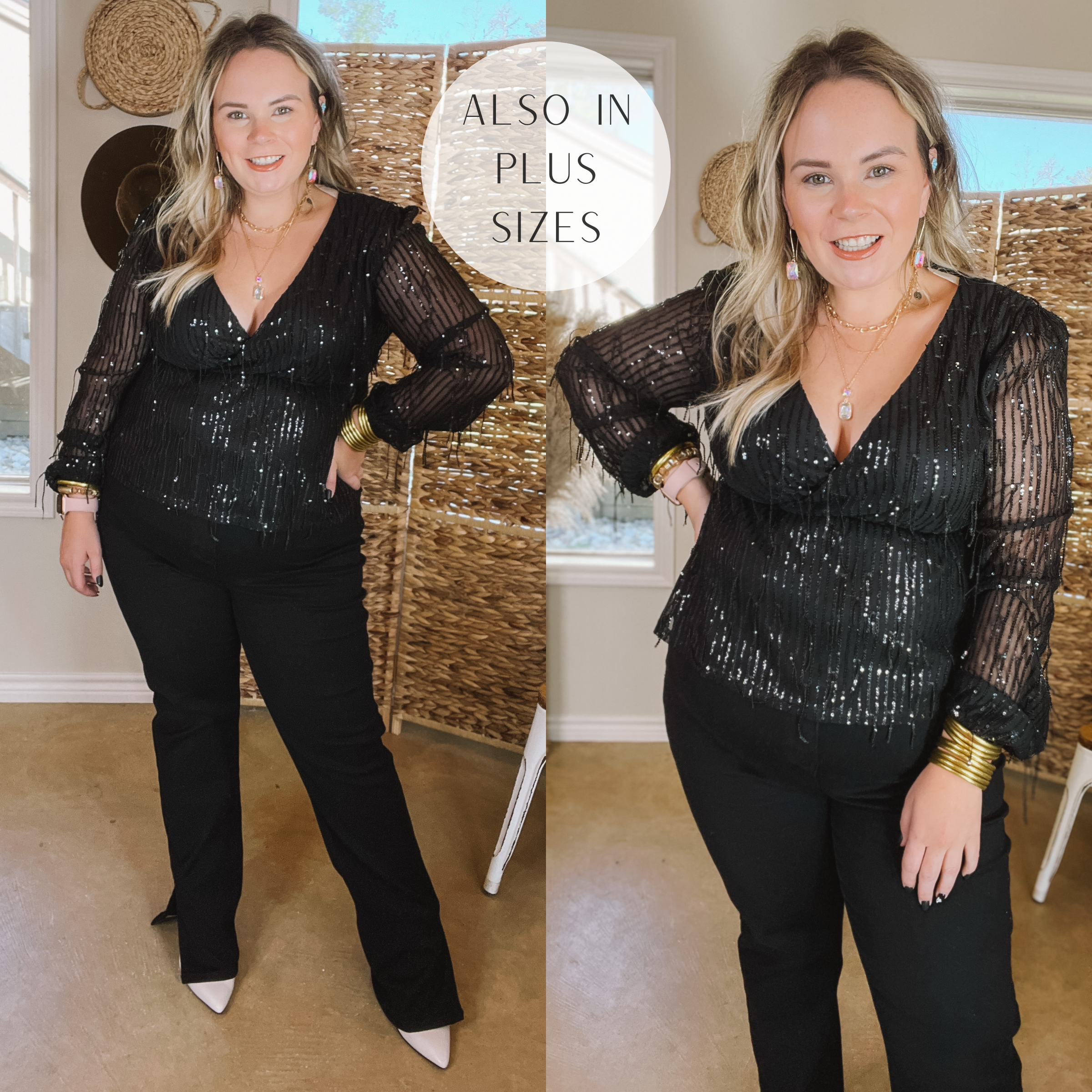 Full Of Charm Sequin Fringe Peplum Top in Black - Giddy Up Glamour Boutique