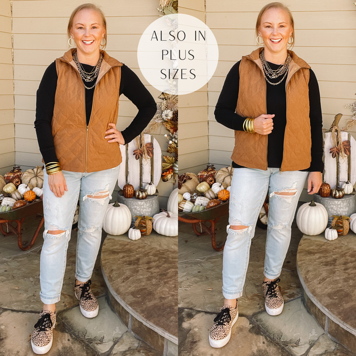 Headed To Denver Zip Up Quilted Vest in Camel Brown - Giddy Up Glamour Boutique