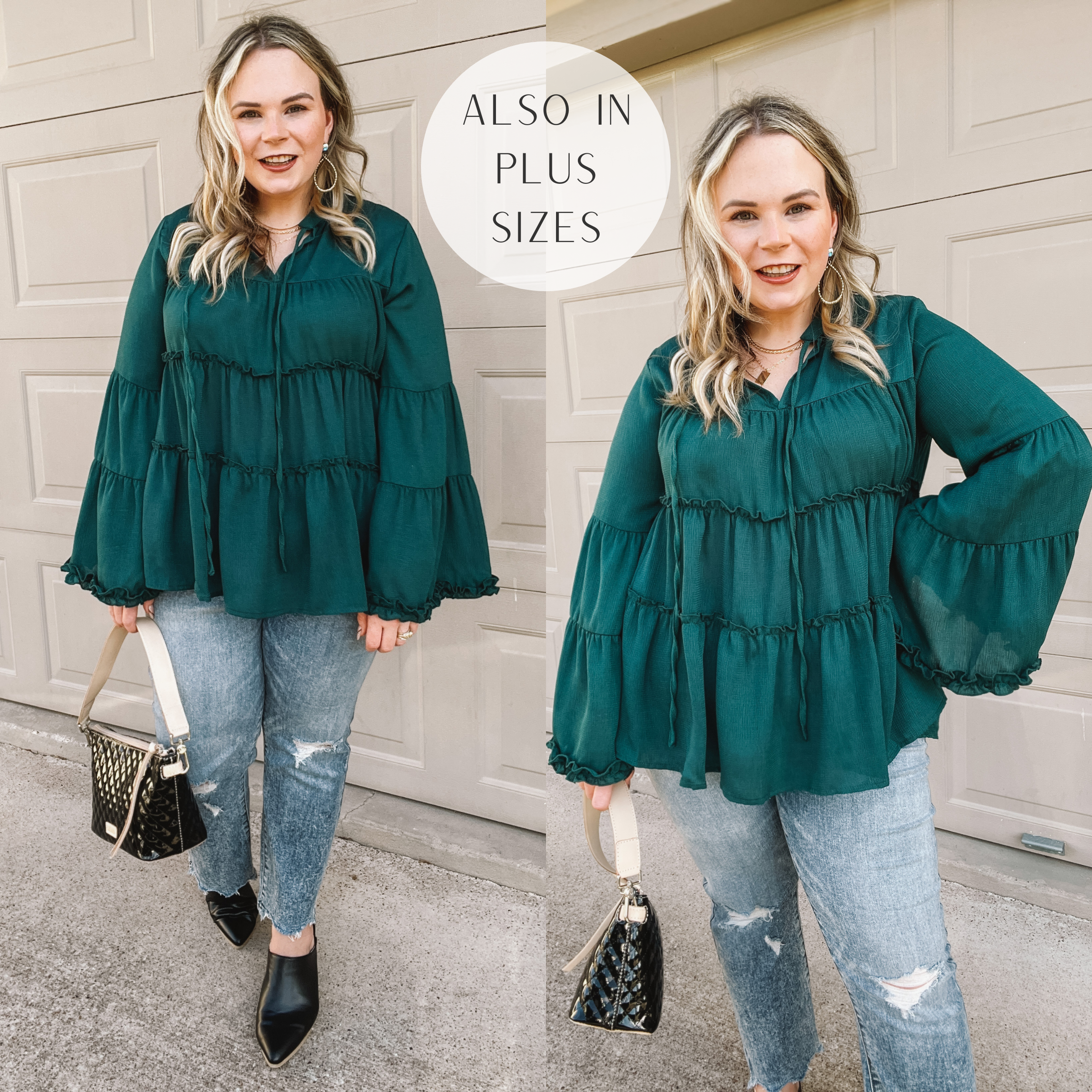 Impressive Touch Striped Bell Sleeve Tiered Blouse in Emerald Green - Giddy Up Glamour Boutique