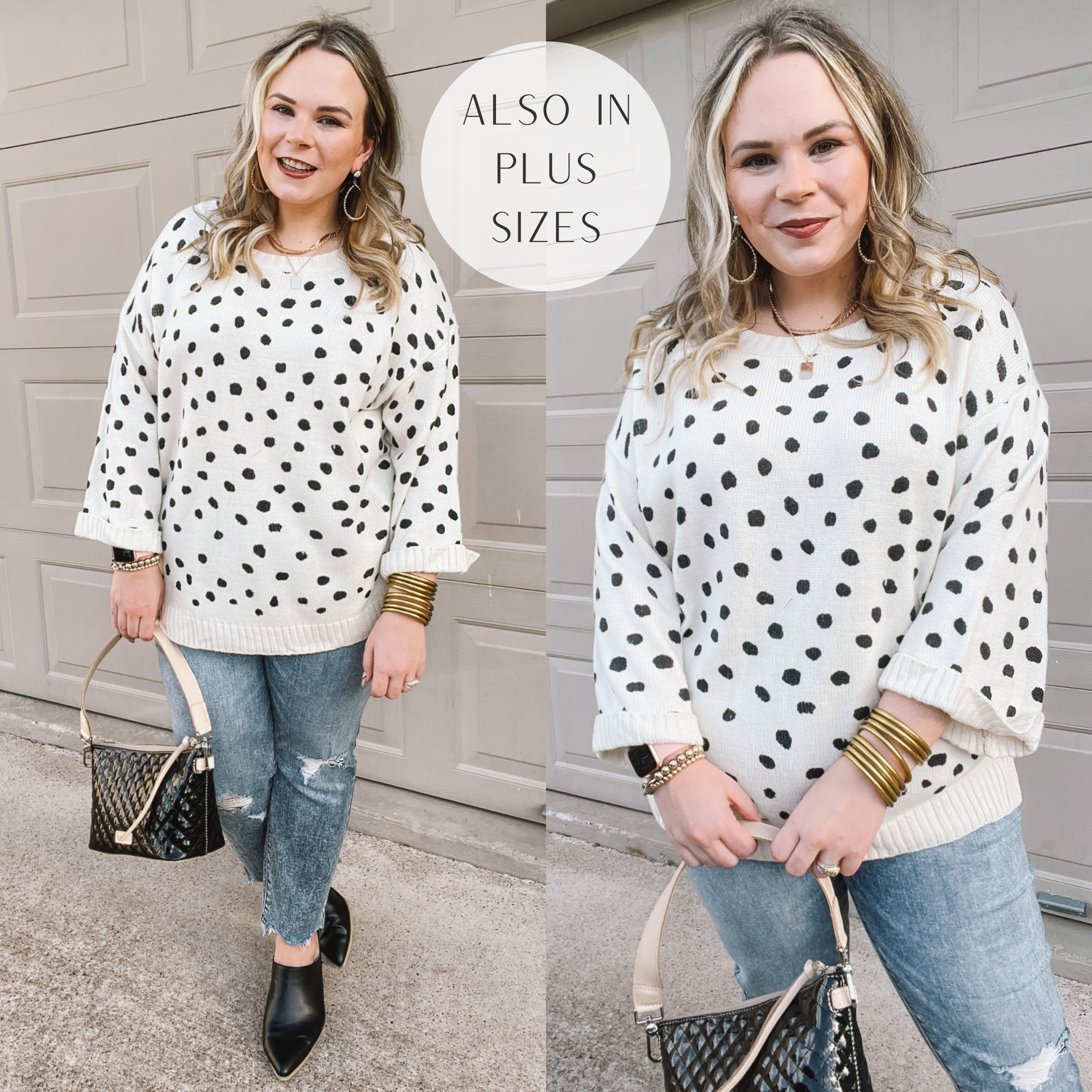 Polka dot blouse & off white skirt with ankle boots - Nancys Fashion Style