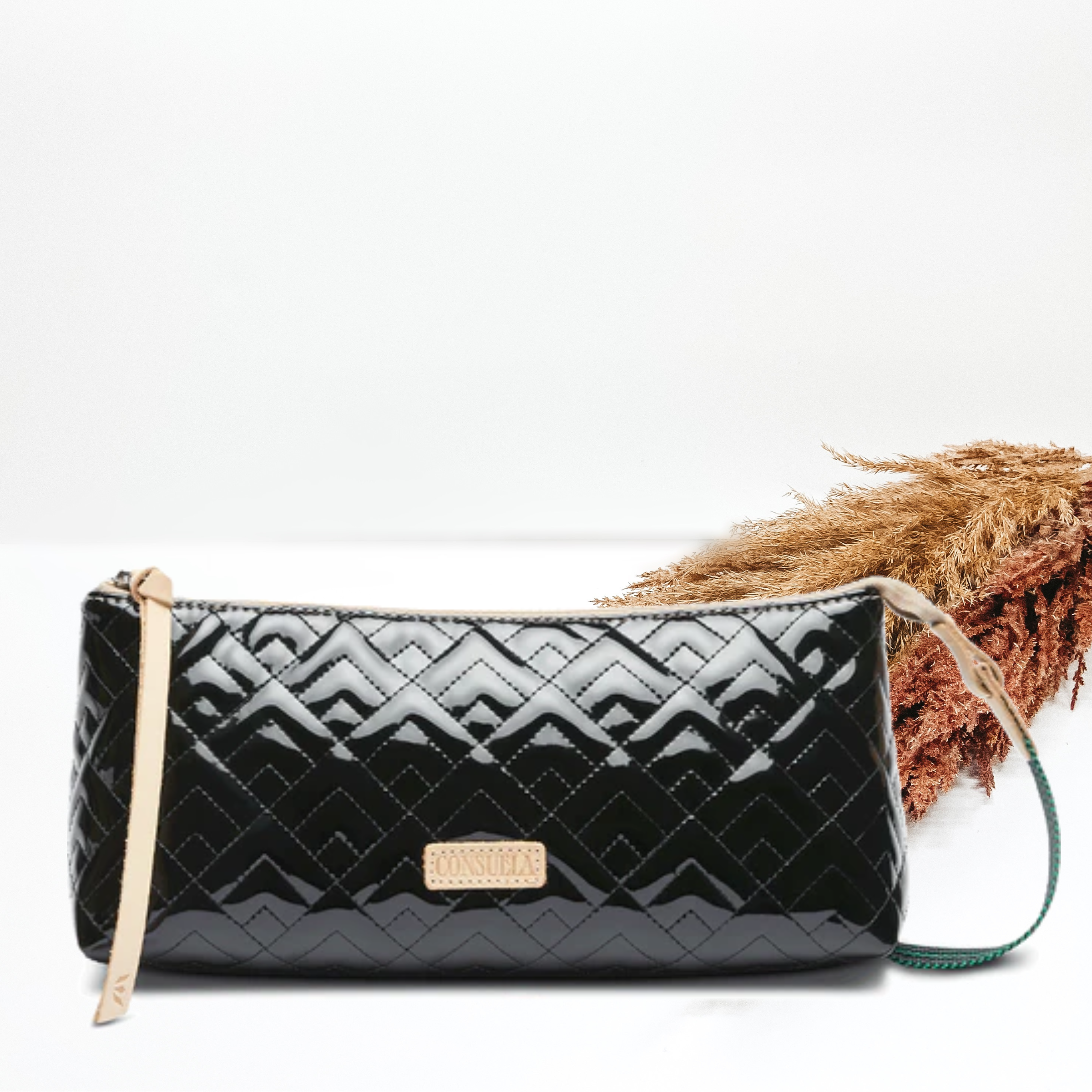 Long black bag with a side strap. This bag has a quilted design. this bag is pictured on a white background with tan and brown pompous grass on the right side. 