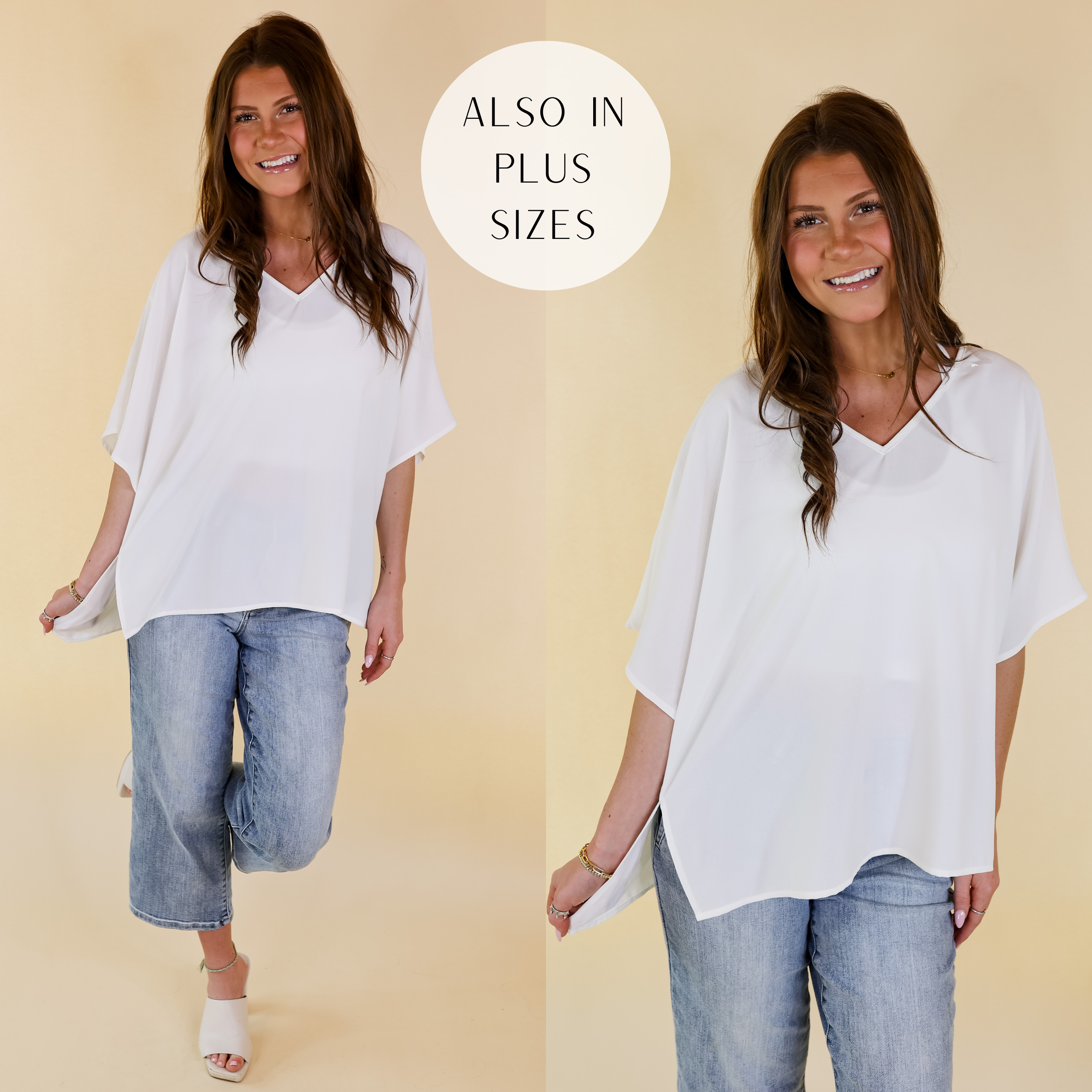 Model is wearing a white poncho top with a v neckline and short sleeves. Model has it paired with light wash jeans, ivory heels and gold jewelry.