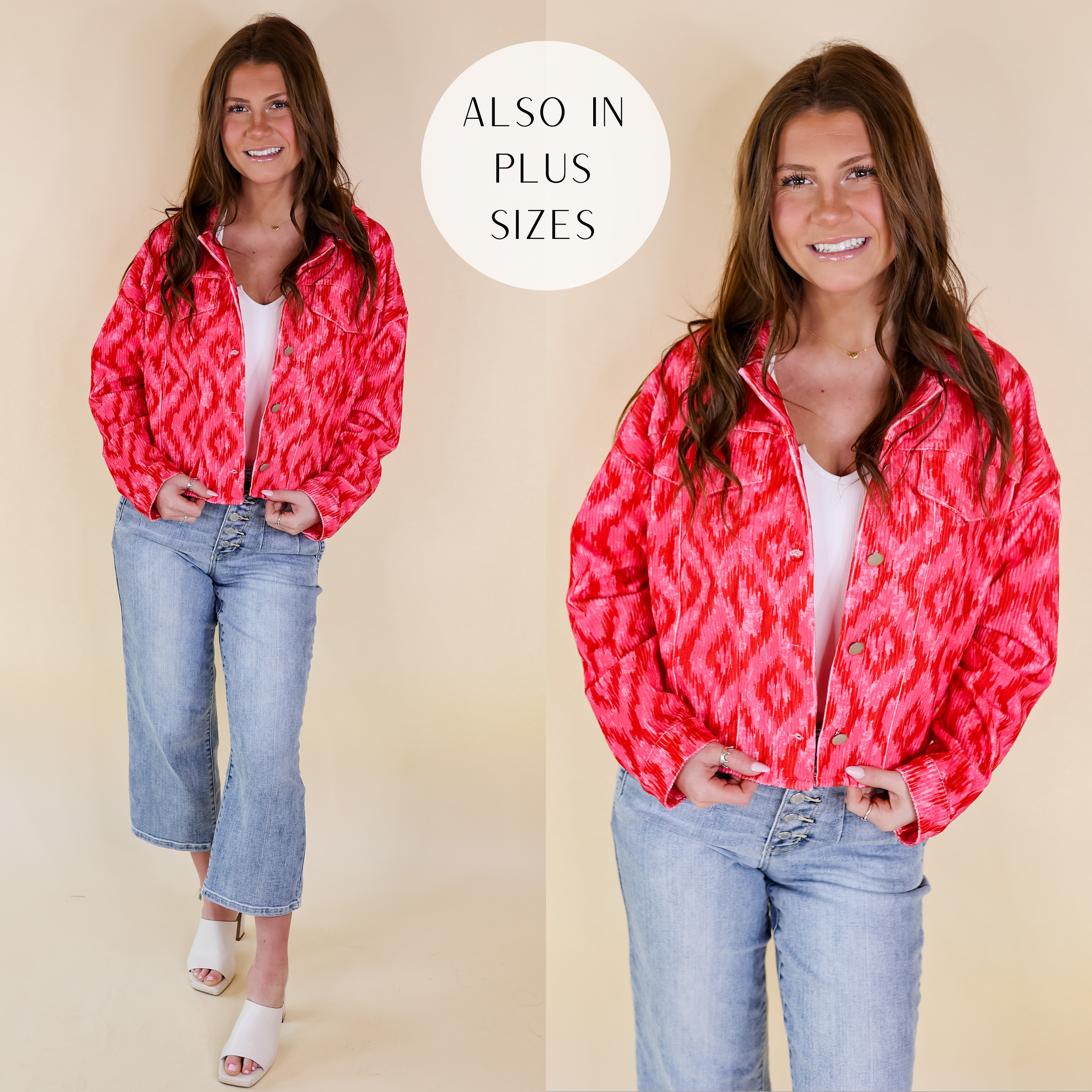 Stay Sweet Mosaic Print Corduroy Jacket with Crystal Fringe Back in Pink and Red - Giddy Up Glamour Boutique