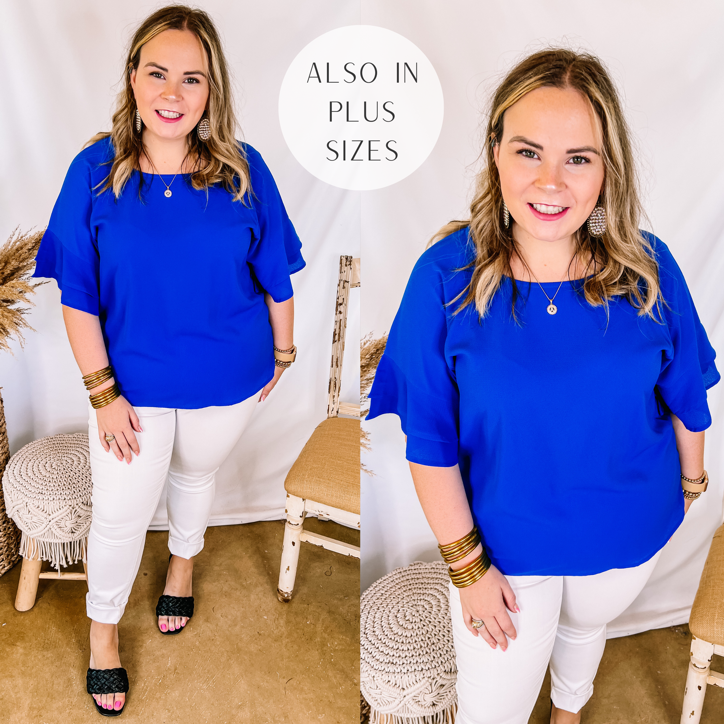 Model is wearing a plus size top that is royal blue with ruffle sleeves. Model has it paired with white skinnies, black heels, and gold jewelry.